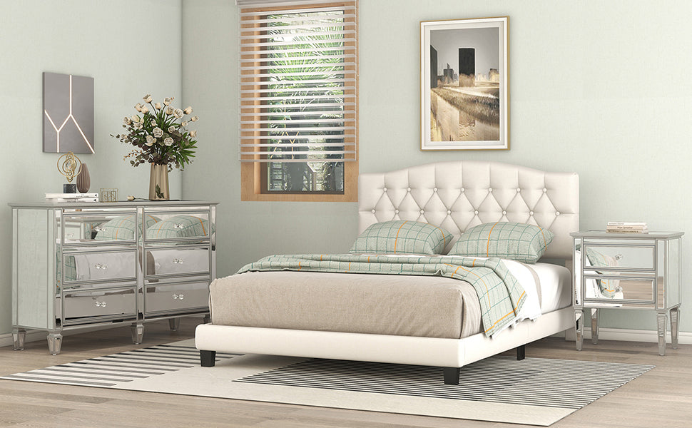 Upholstered Platform Bed with Saddle Curved Headboard and Diamond Tufted Details in Beige