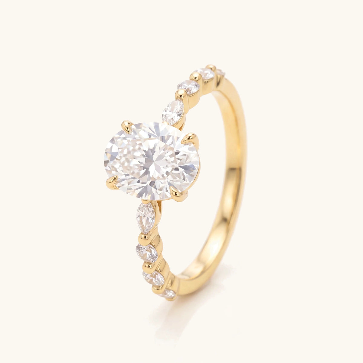 Elegant Oval Moissanite Accented Band Ring – gold ring with a 3CT oval center stone on a soft ivory background