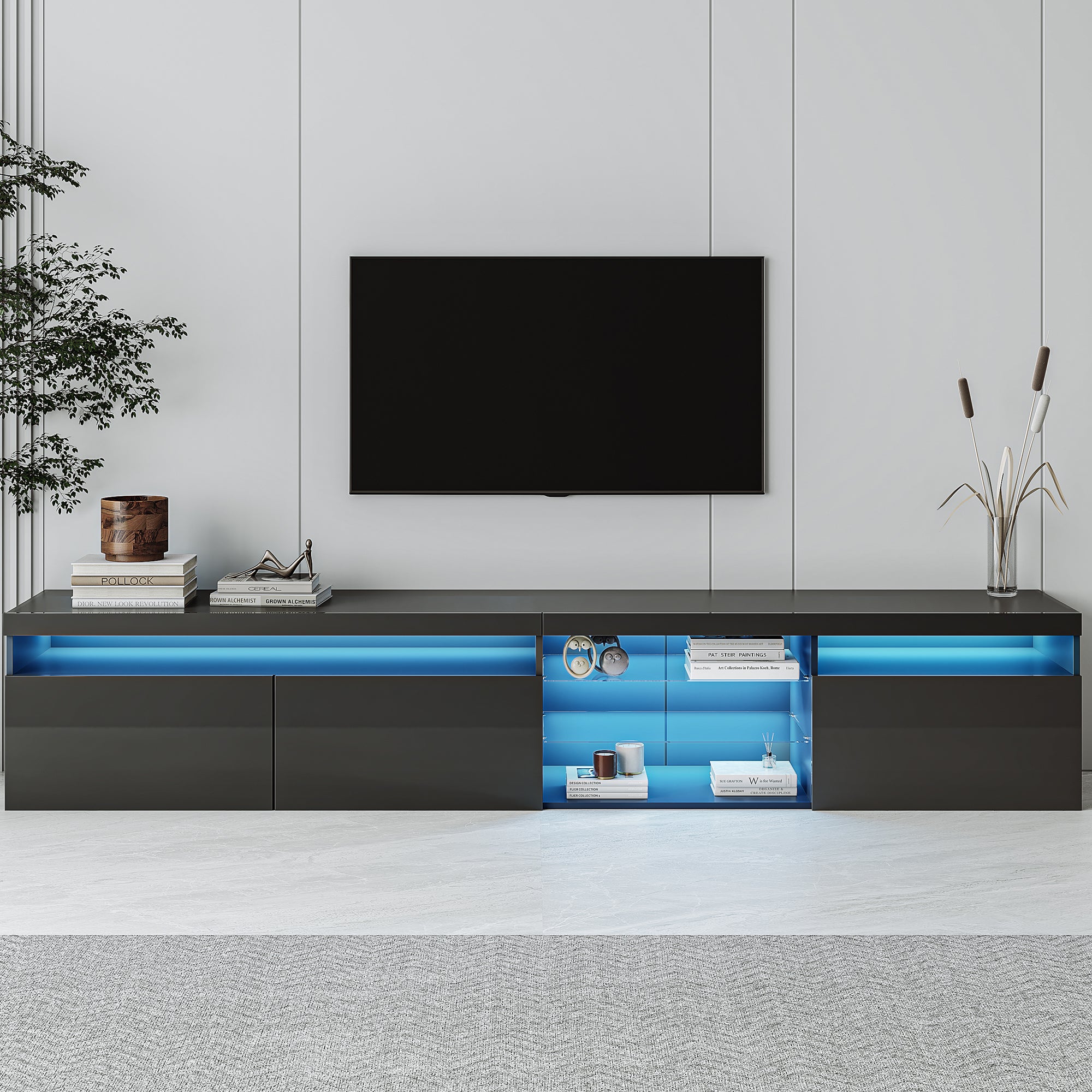 Unique Design TV Stand with Ample Storage Space and LED Color Changing Lights for Living Room In Black