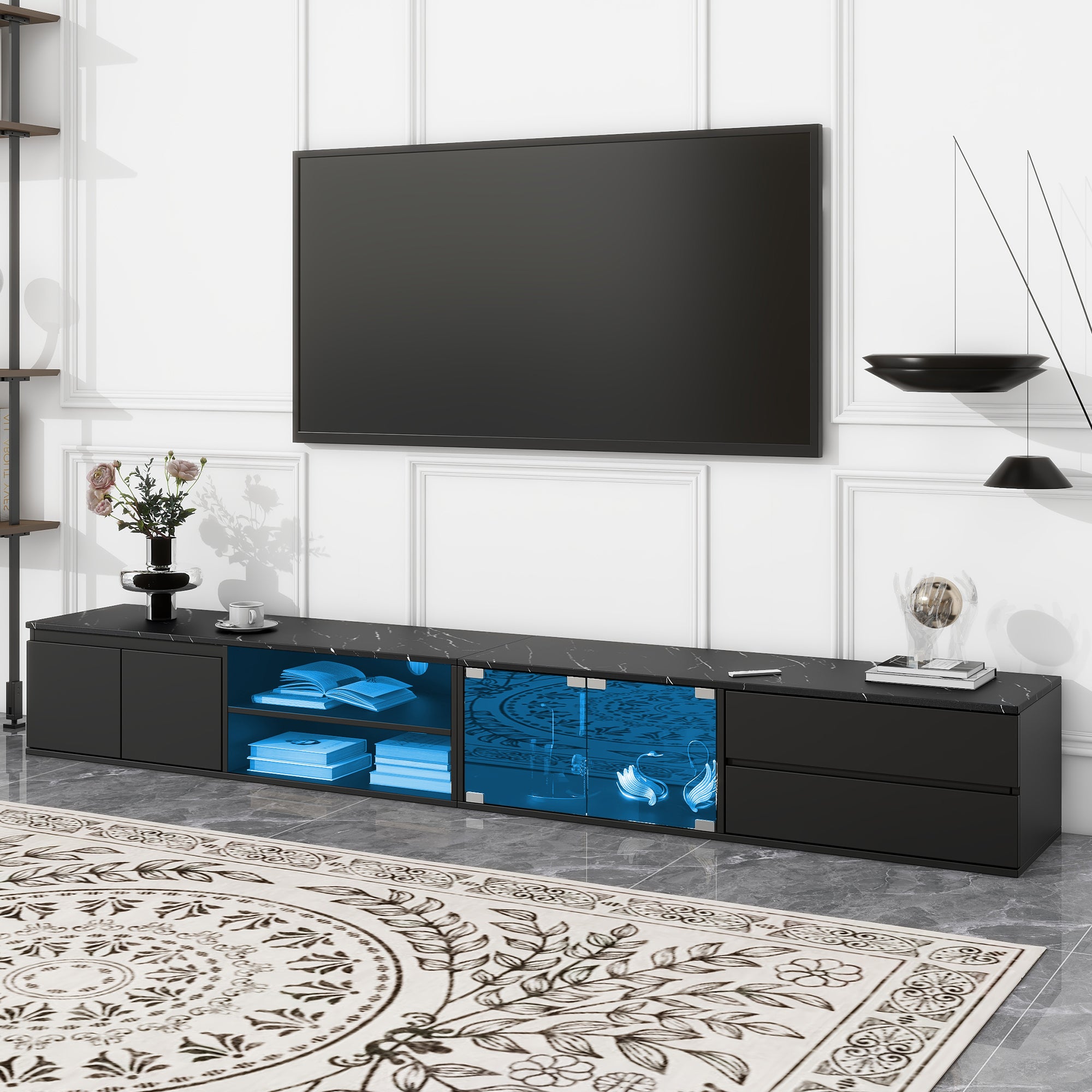 Modern APP Controlled LED TV Stand for TVs Up to 105 Inches Faux Marble Tabletop Media Console with Drawers and Cabinets In Black