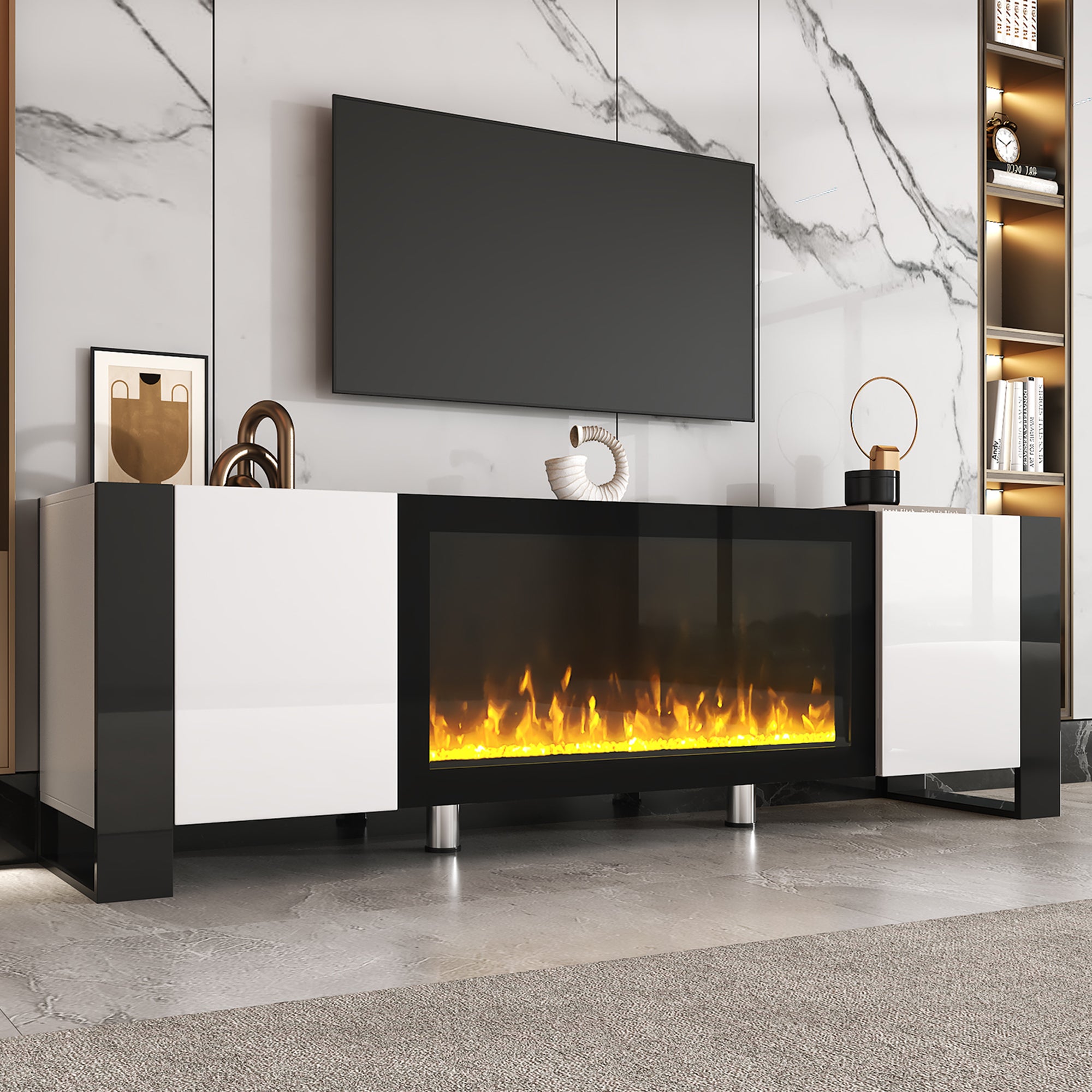 Modern TV Stand with Electric Fireplace and Storage for TVs up to 78 Inches In White