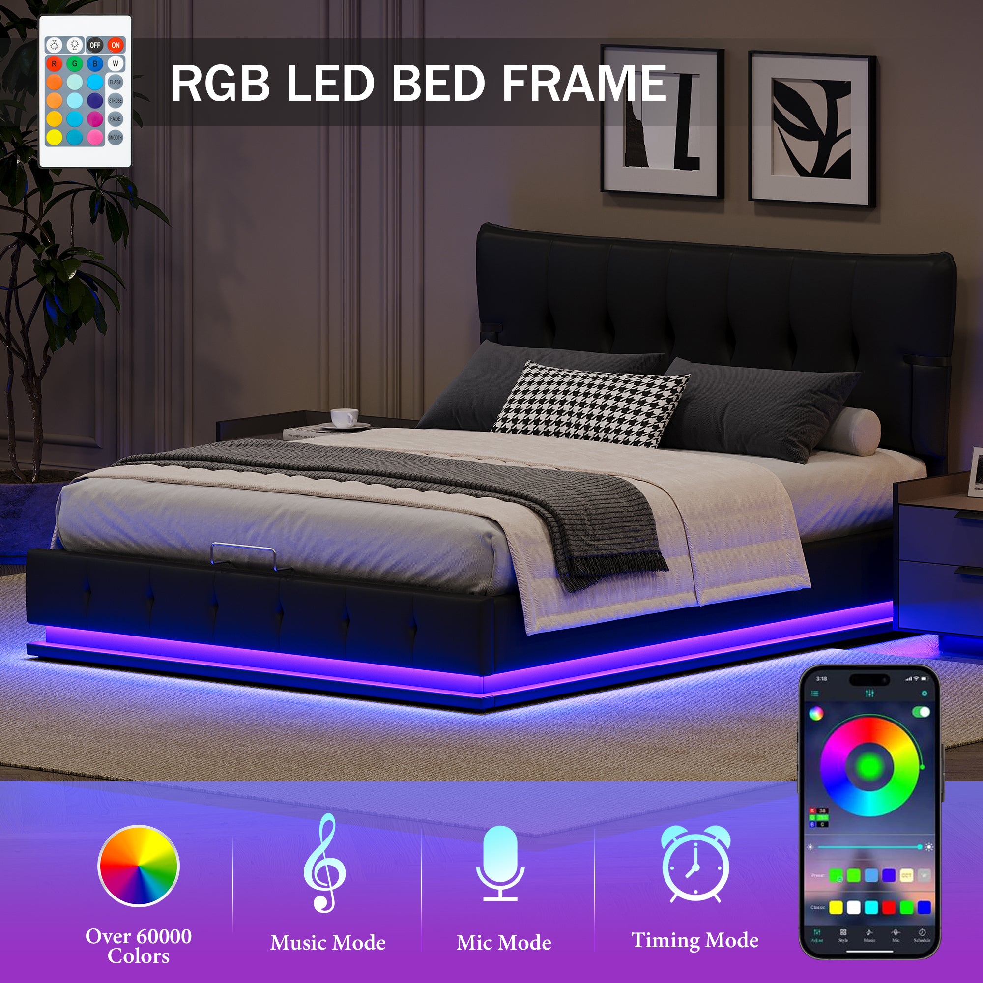 Hydraulic Lift Queen Bed with RGB LED Lighting