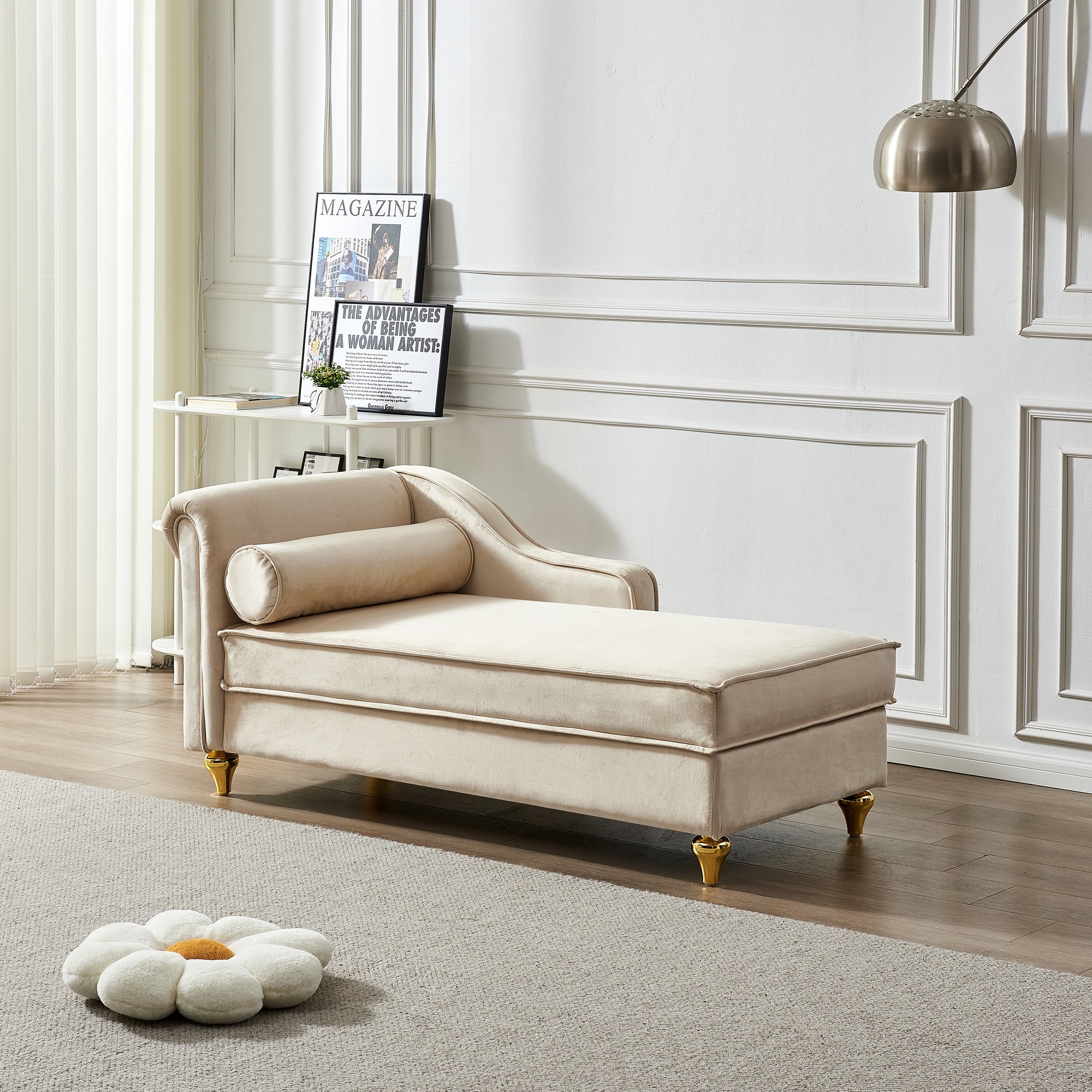 Beige Velvet Chaise Lounge With Storage