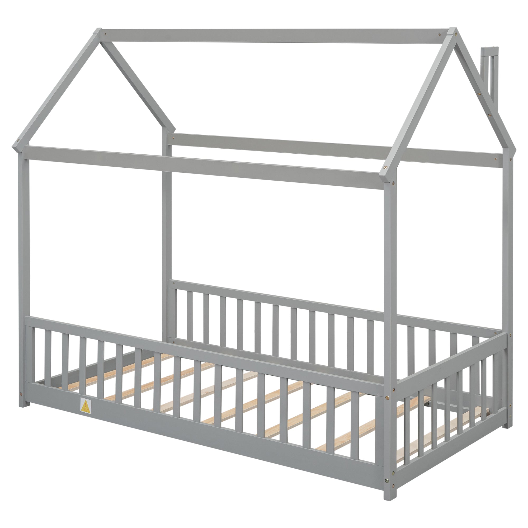 Gray Twin House Bed with Guardrails and Slats