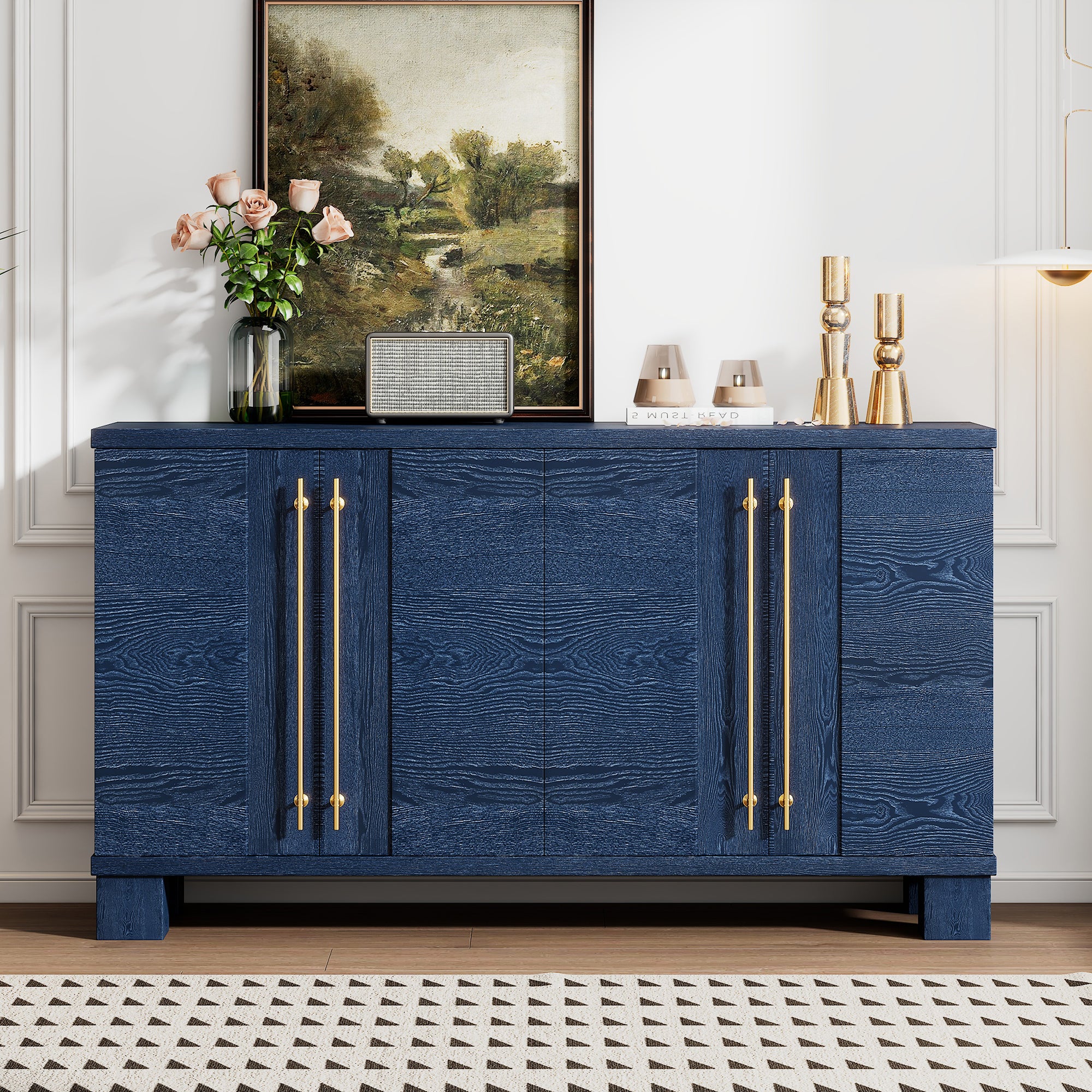 Wood Sideboard Buffet Cabinet with Storage and Gold Handles for Kitchen and Dining Room In Antique Navy