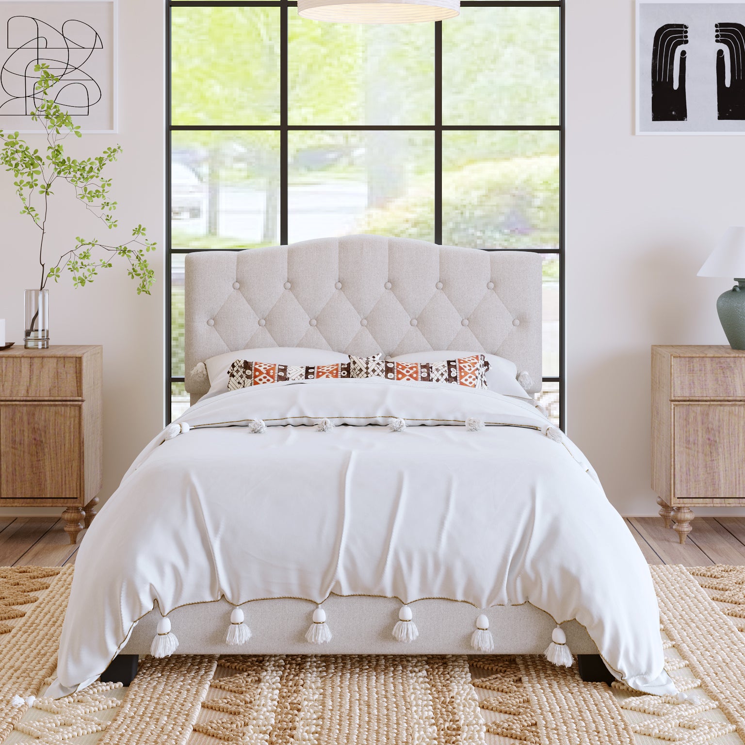 Upholstered Platform Bed with Saddle Curved Headboard and Diamond Tufted Details in Beige