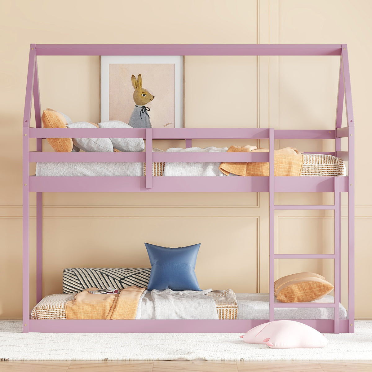 Twin Over Twin Pink House-Shaped Floor Bunk Bed with Ladder and Guardrails