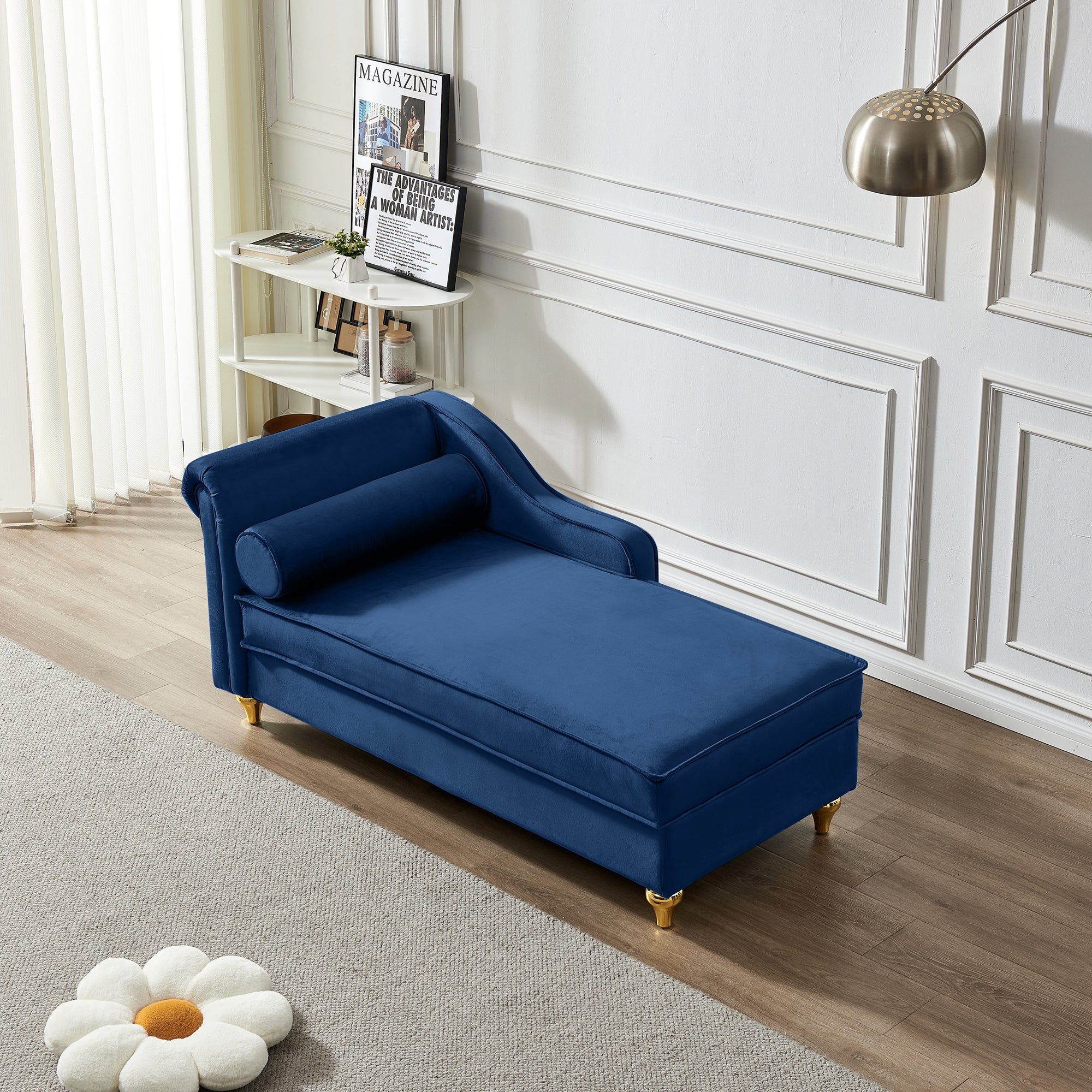 Navy Blue Velvet Chaise Lounge With Storage Compartment