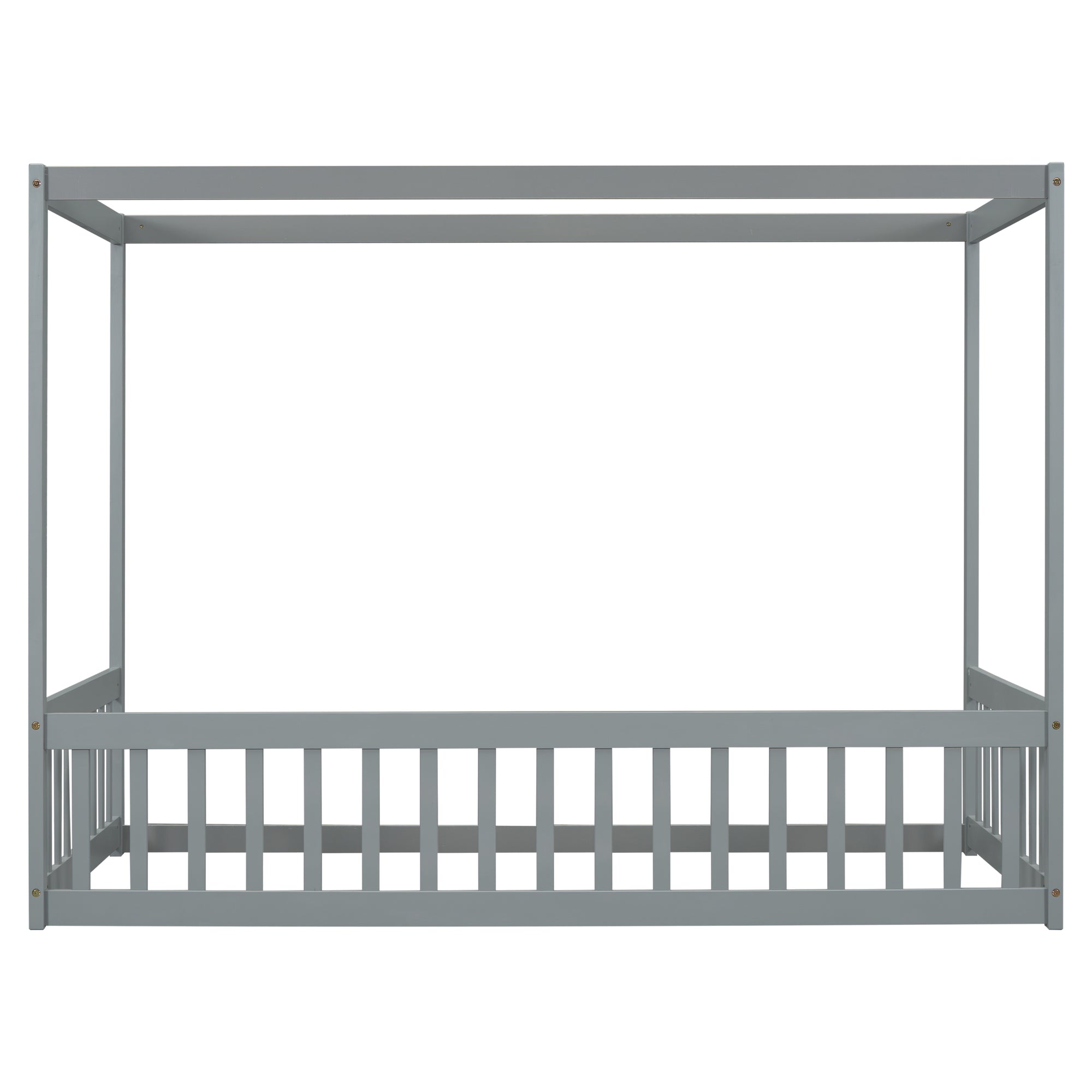 Gray Twin Size Canopy Frame Floor Bed with Fence and Guardrails