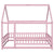 Pink Full-Size Toddler Floor Wooden Bed with House Roof Frame & Fence Guardrails