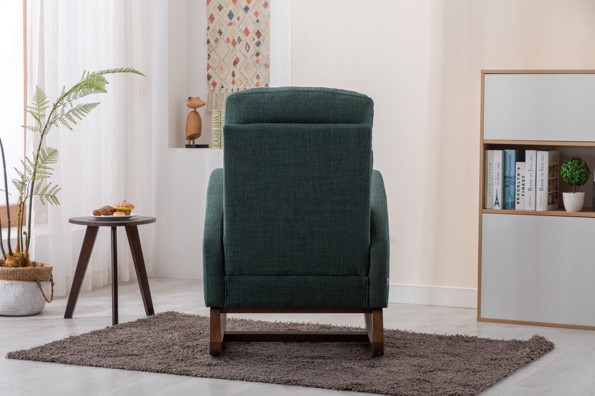 Modern Glider Rocking Chair with Side Pocket and High Back in Emerald Linen