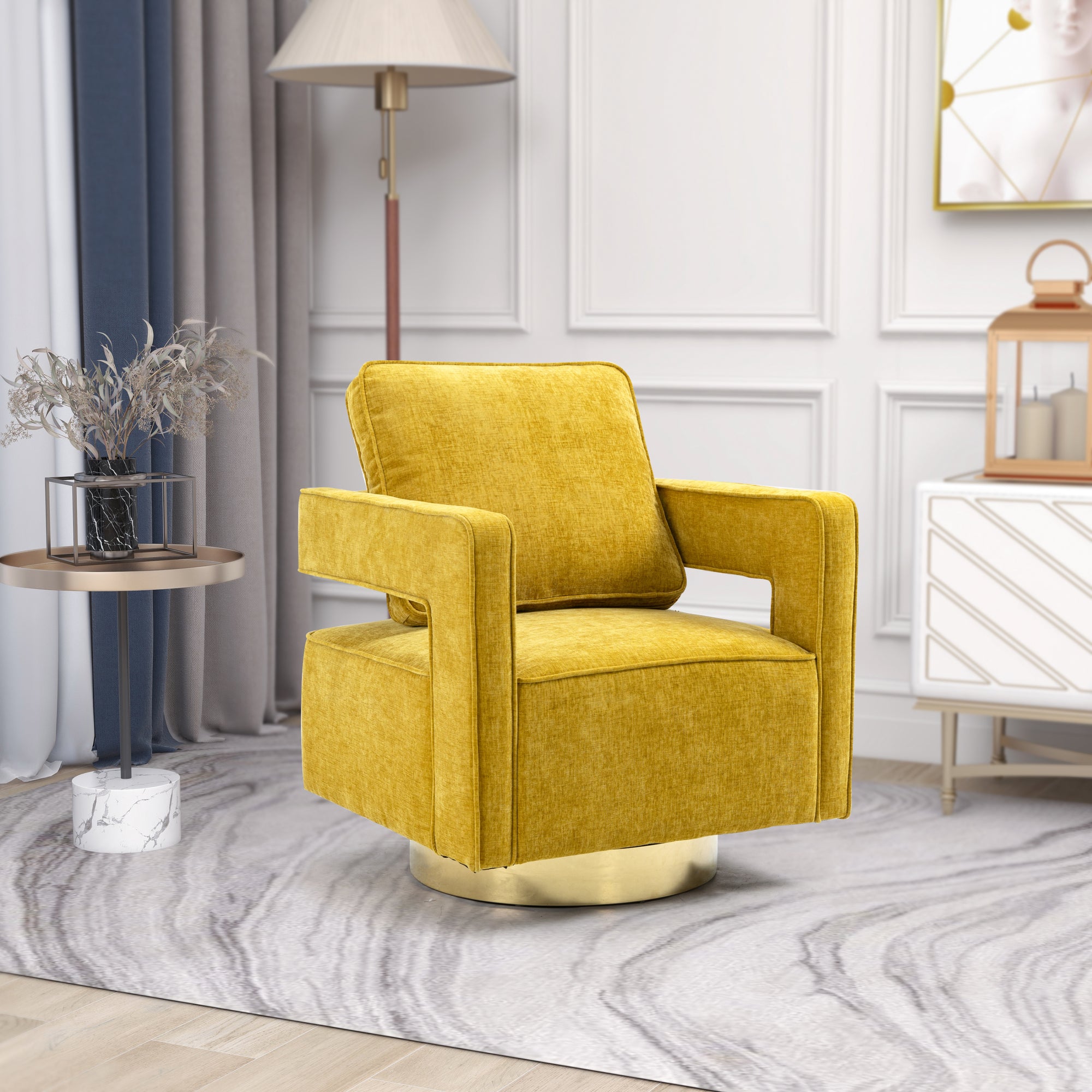 Open Back Mustard Chenille Swivel Accent Chair With Gold Stainless Steel Base