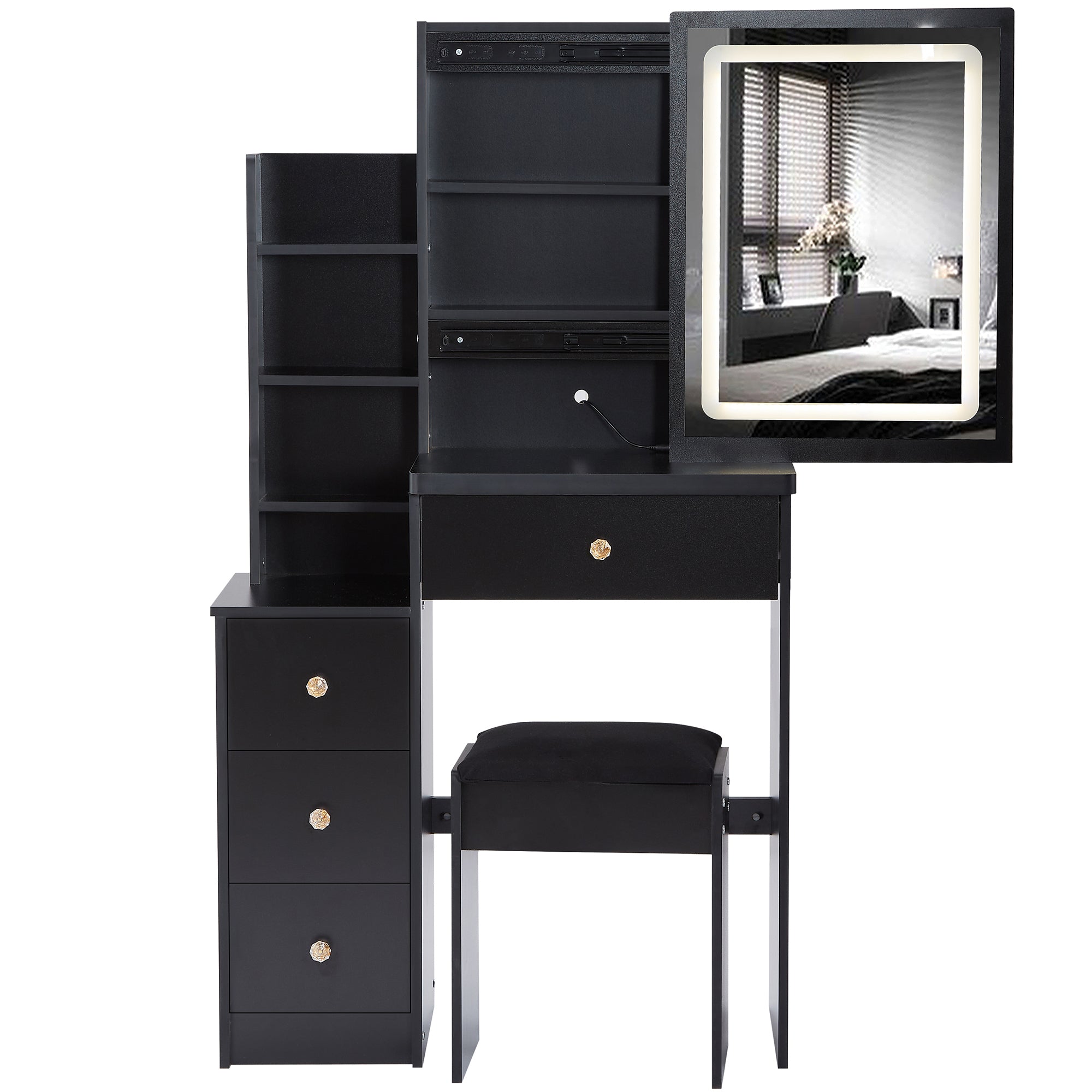 Small Size Left Bedside Cabinet Vanity Table With Cushioned Stool And LED Mirror Brightness Adjust In Black