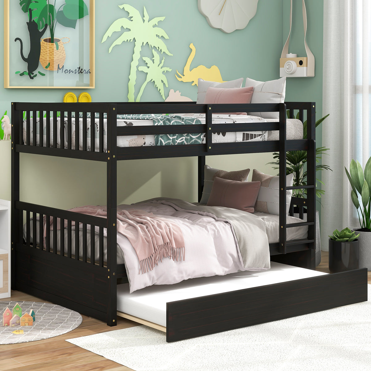 Espresso Full Over Full Bunk Bed with Trundle, Convertible to Two Full-Size Beds