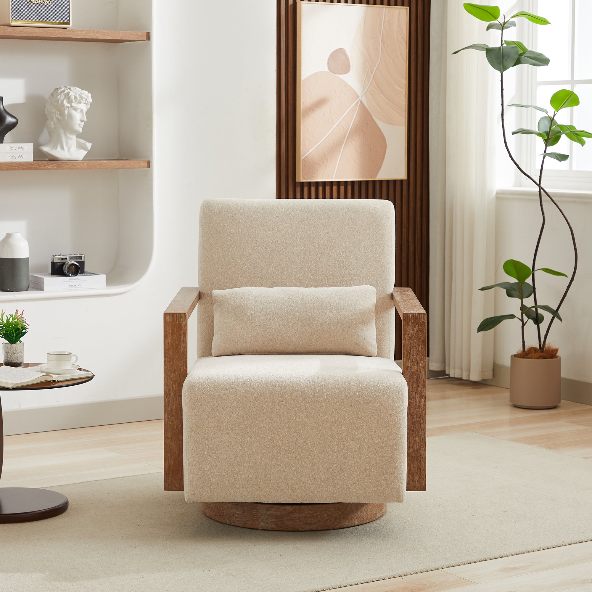 Modern Beige Linen Blend Swivel Accent Chair