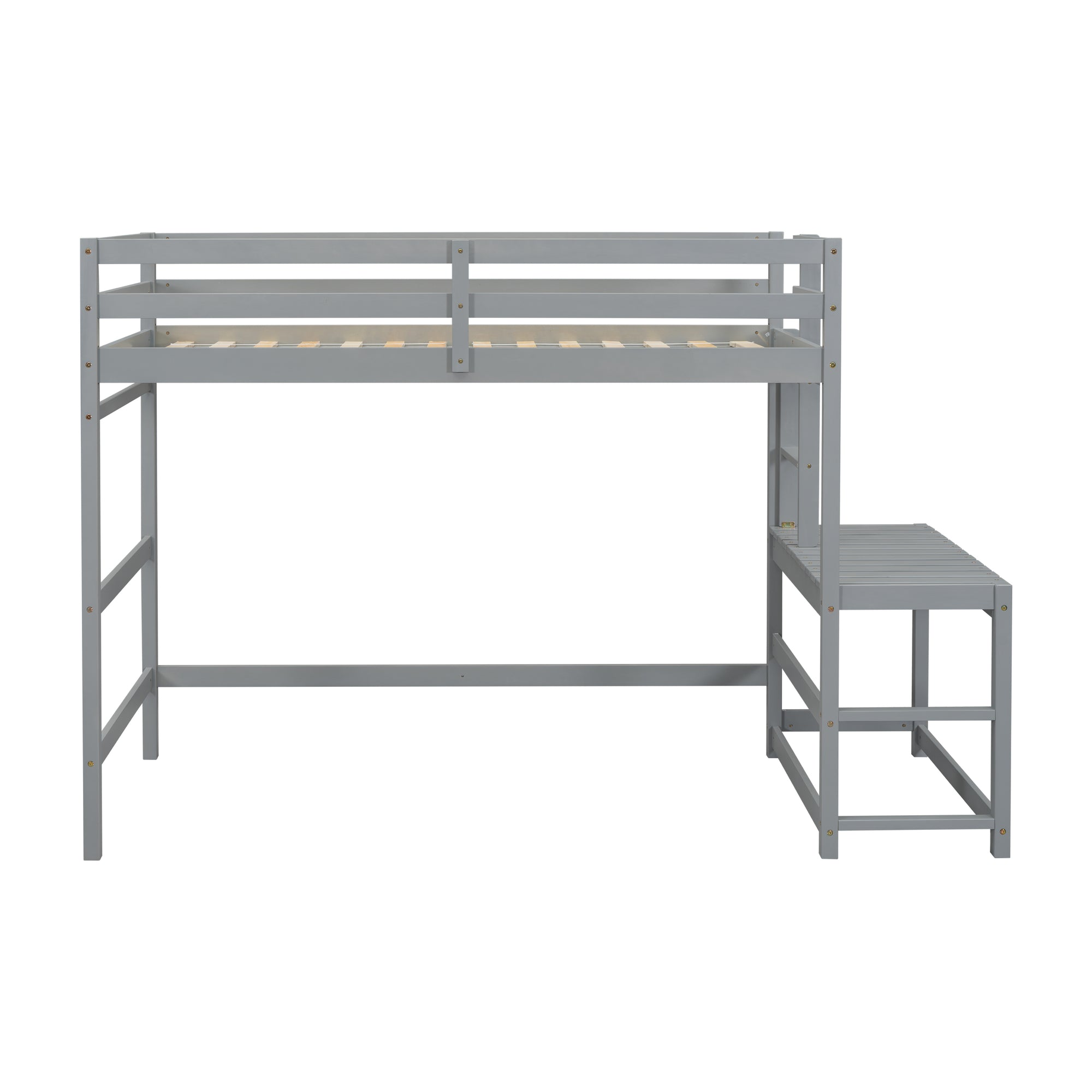 Gray Twin High Loft Bed with Ladder Landing Platform and Guardrails