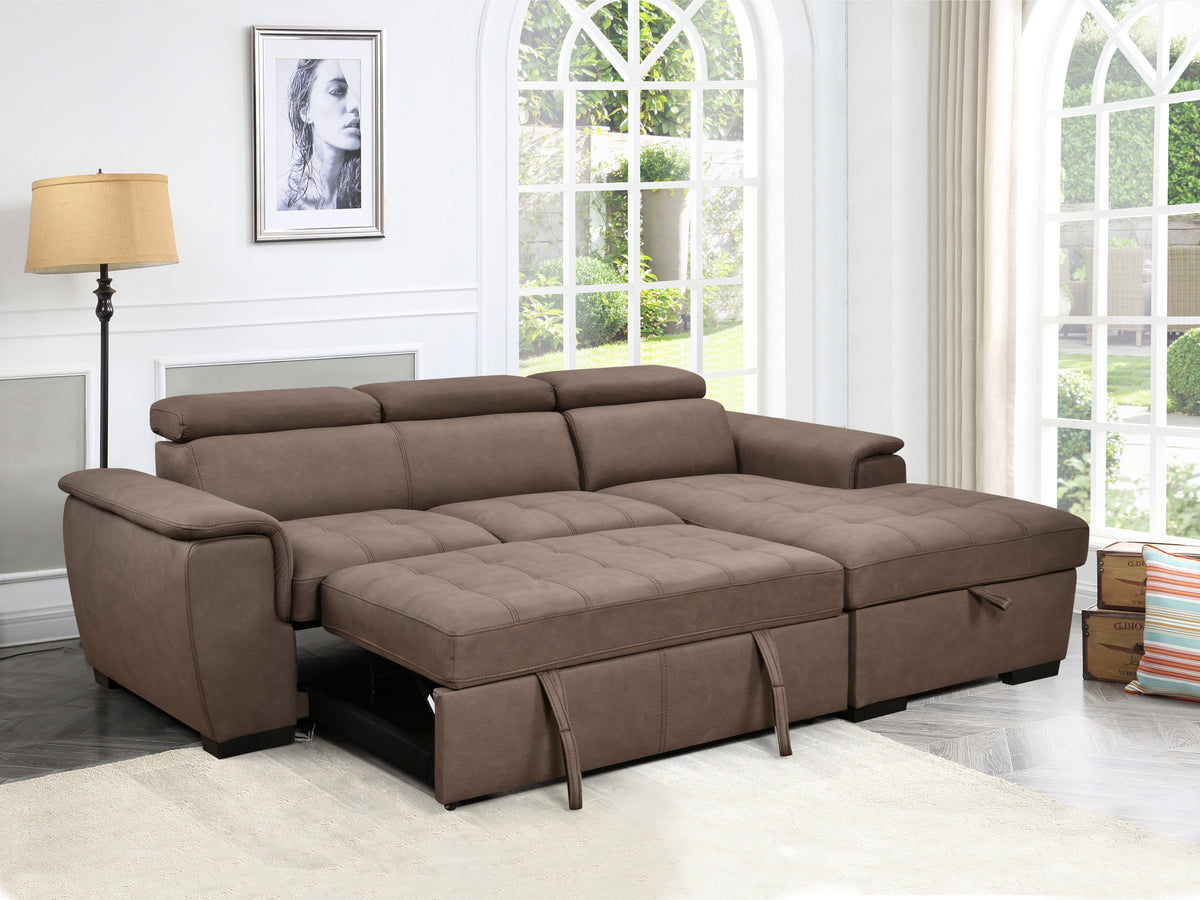 97 Inch Convertible Sectional Sofa with Storage Chaise and Adjustable Headrests Contemporary L-shaped Sleeper with Pull-Out Bed In Dark Brown