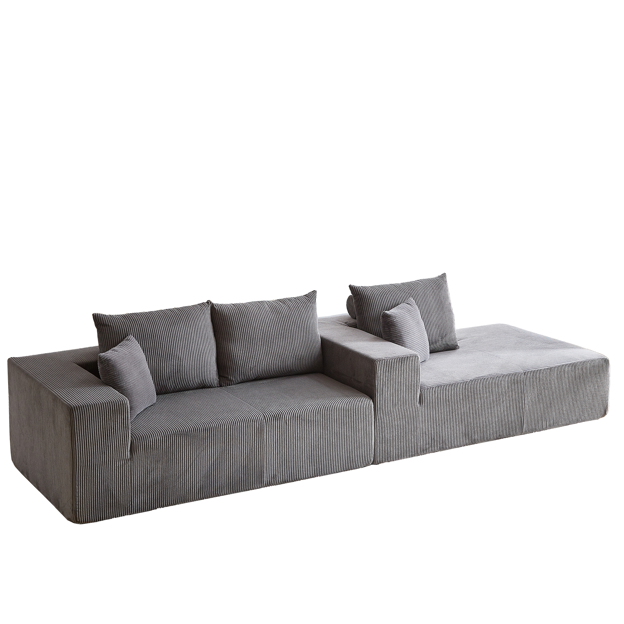 Modern Corduroy Upholstered Sectional Sofa Couch Set With Modular Design And Five Pillows For Customizable Comfort In Grey