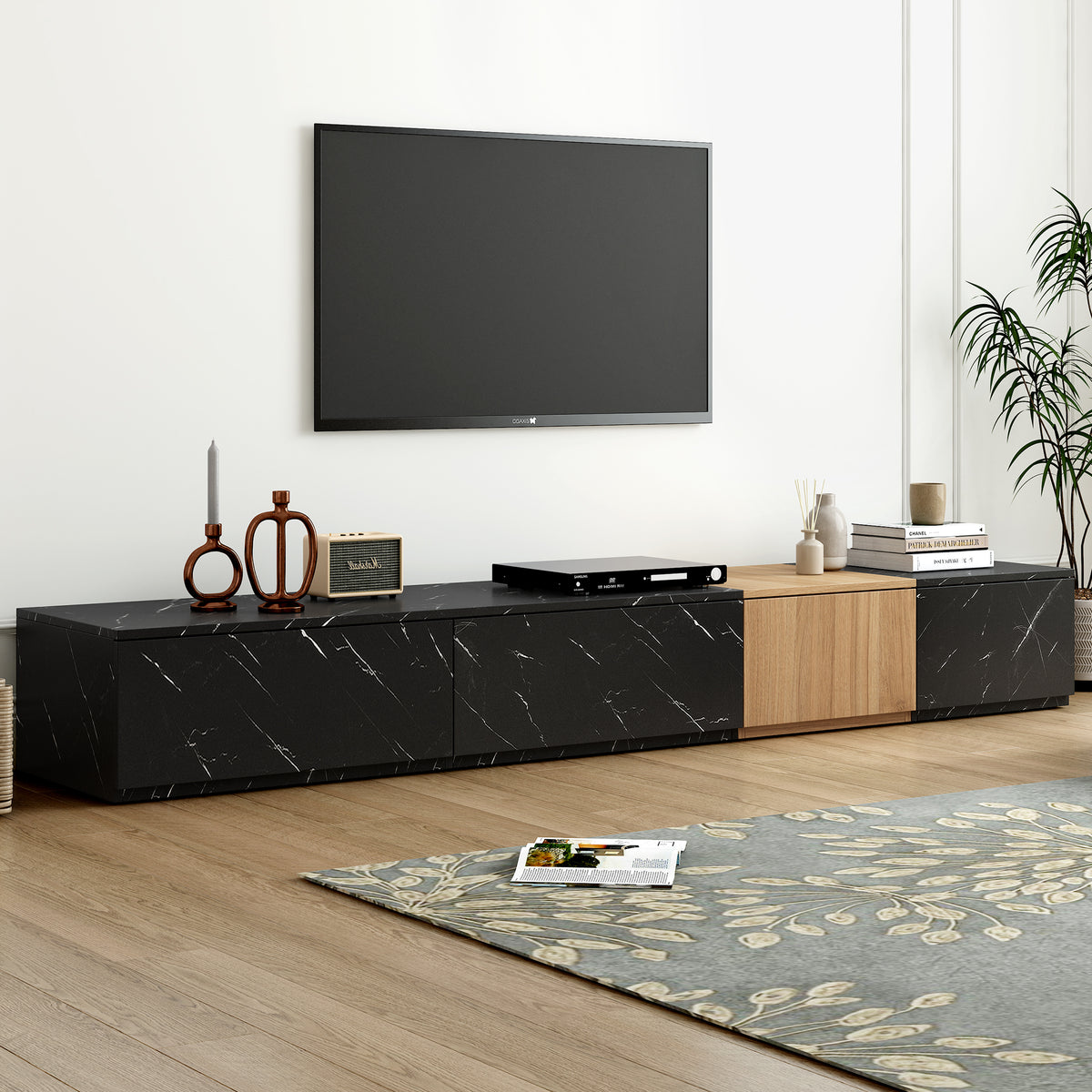 TV Stand with Faux Marble and Walnut Finish for TVs Up to 88 Inches Modern Free-Combination Entertainment Center with 4 Drawers In Black