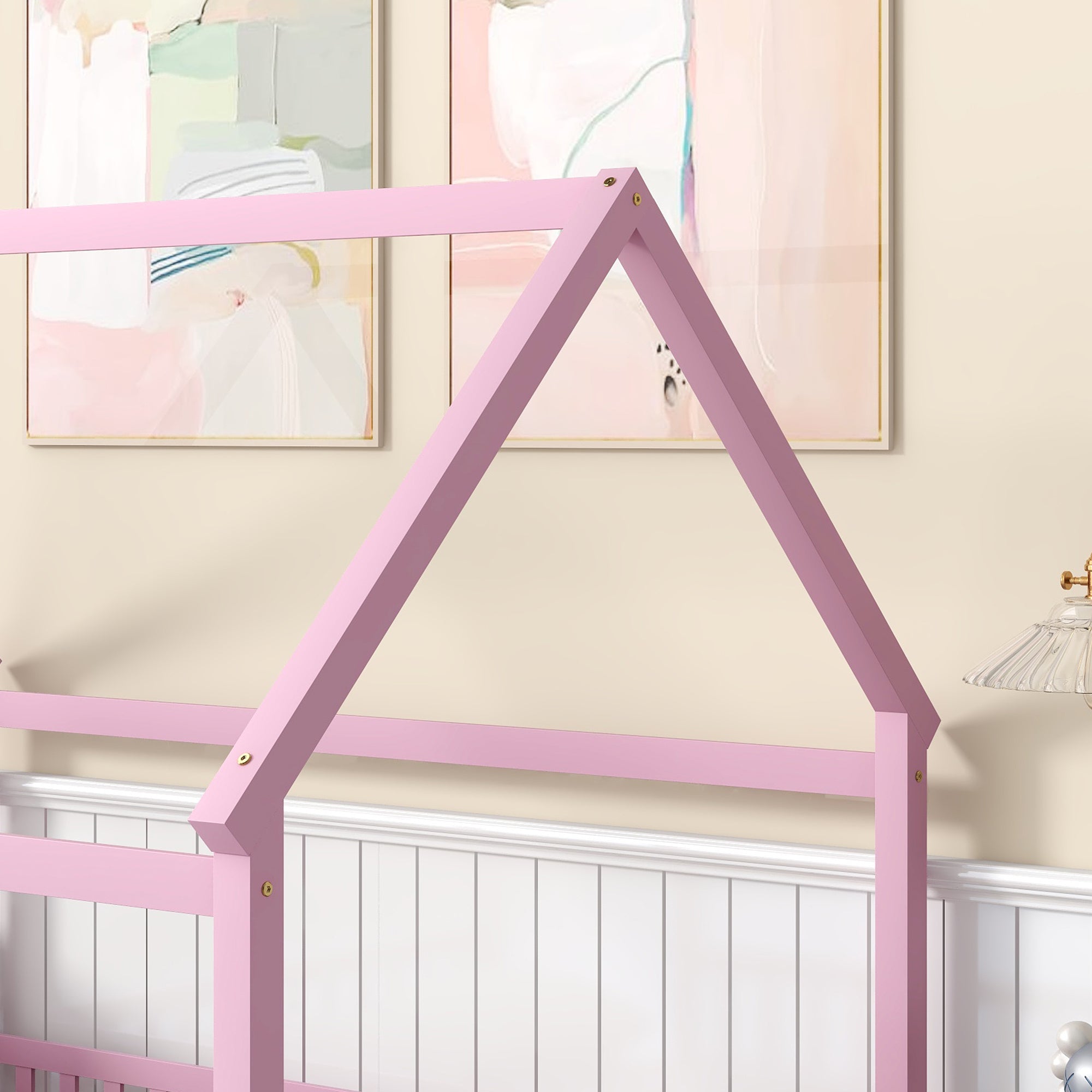 Pink Full-Size Toddler Floor Wooden Bed with House Roof Frame & Fence Guardrails