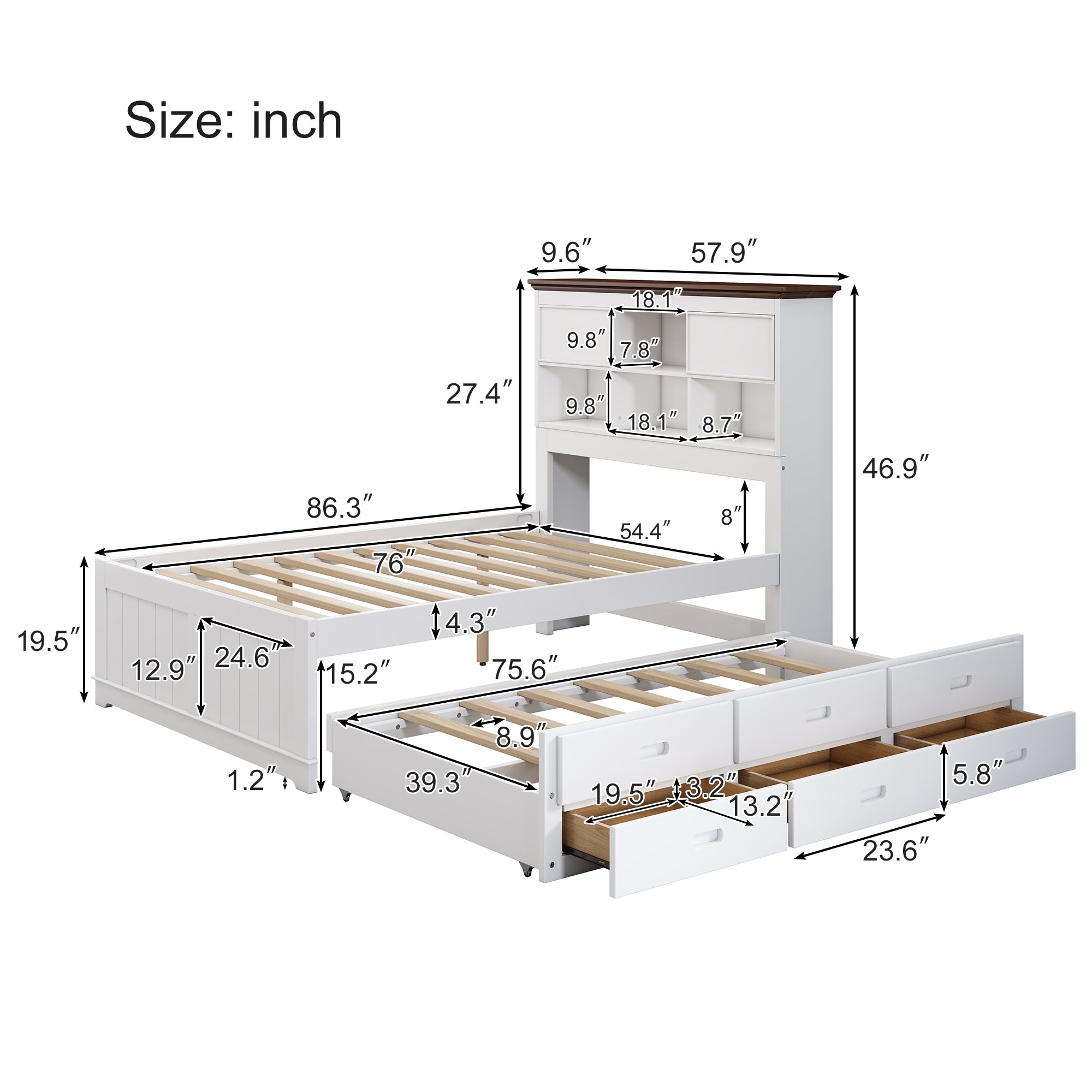 White & Walnut Full Size Bookcase Bed with Trundle and Storage