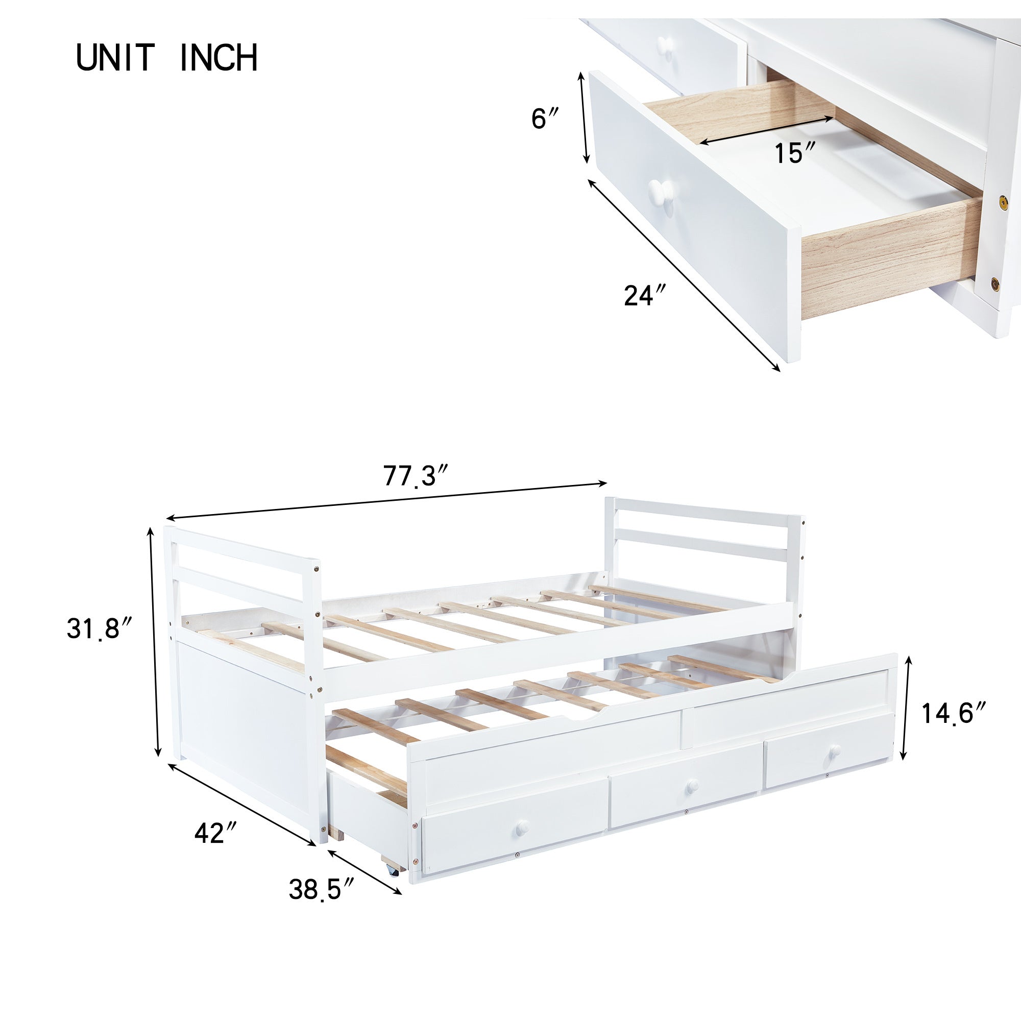 White Pine Twin Size Bed with Headboard, Footboard, Trundle, and Storage Drawers