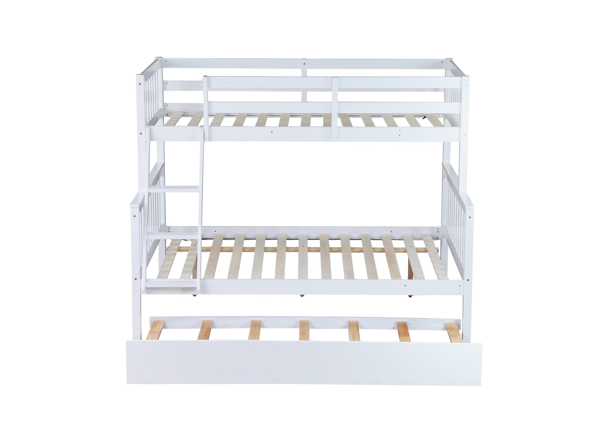 White Twin Over Full Rubber Wood Bunk Bed with Trundle, Detachable Ladder, and Guardrails