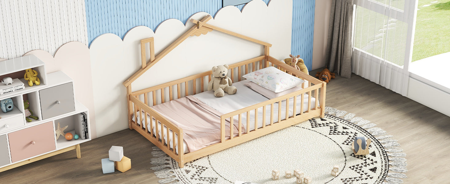 Twin House-Shaped Toddler Floor Bed with Guardrails and Fence in Natural Tones