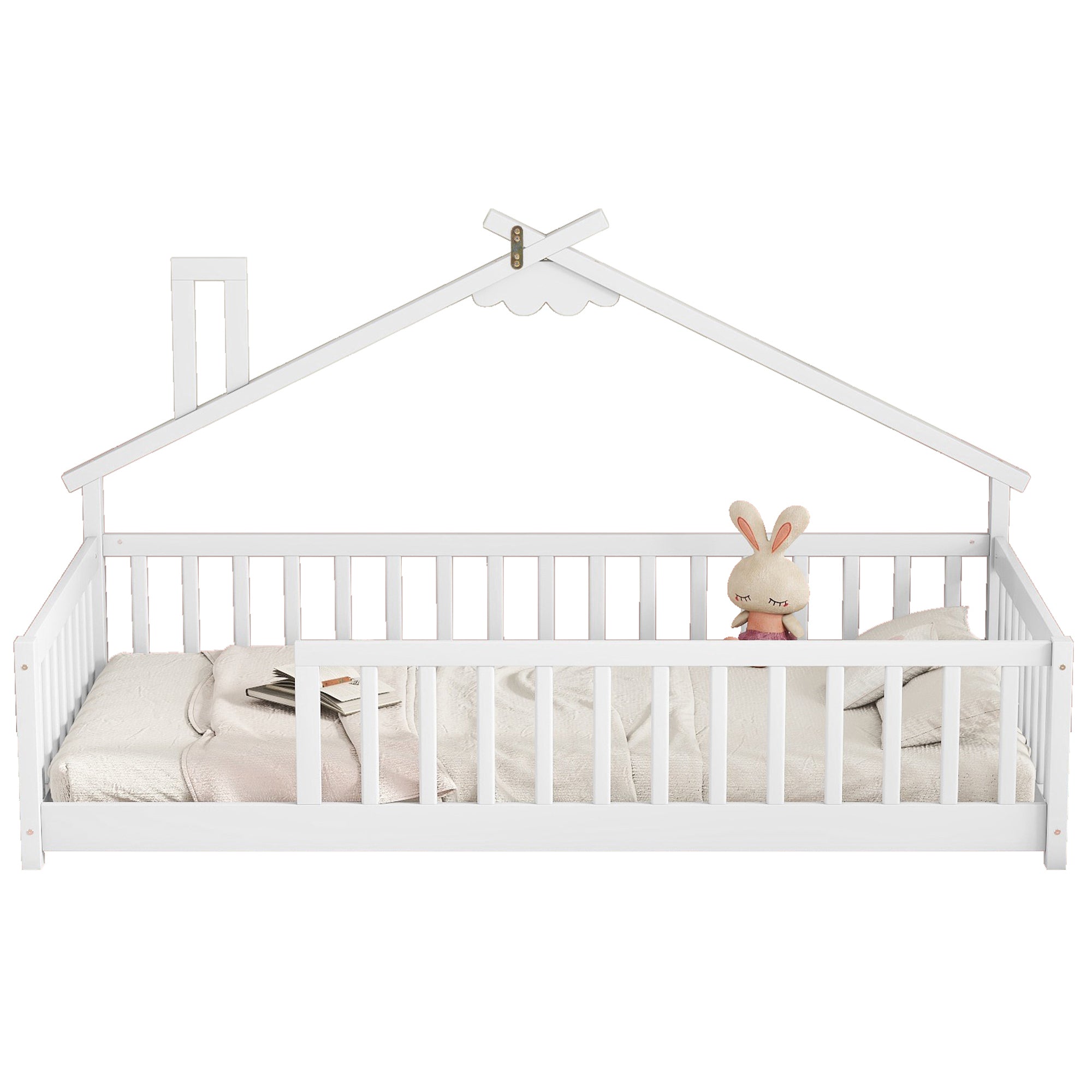 Twin House-Shaped Toddler Floor Bed with Guardrails and Slats