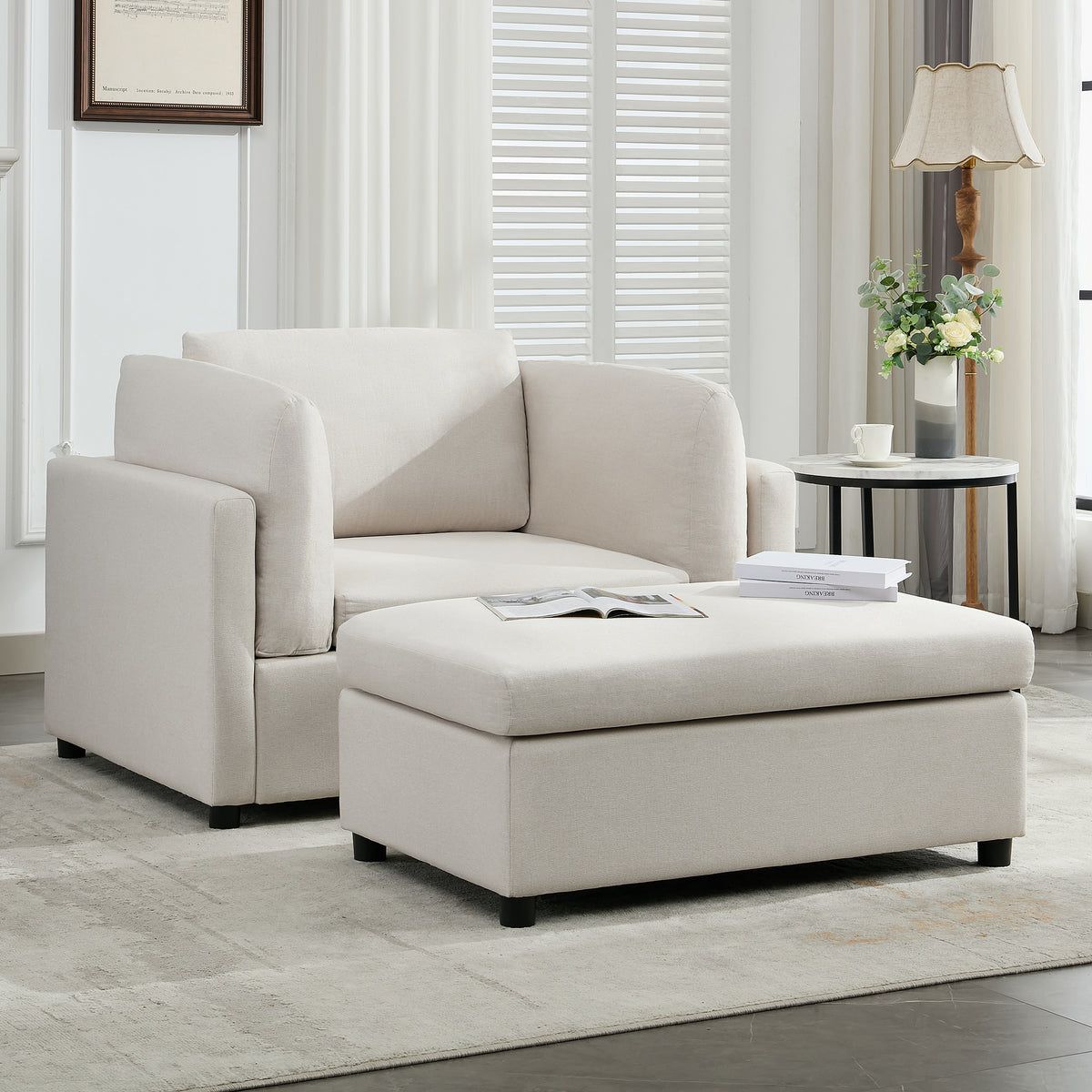 Cream Linen Oversized Armchair with Ottoman