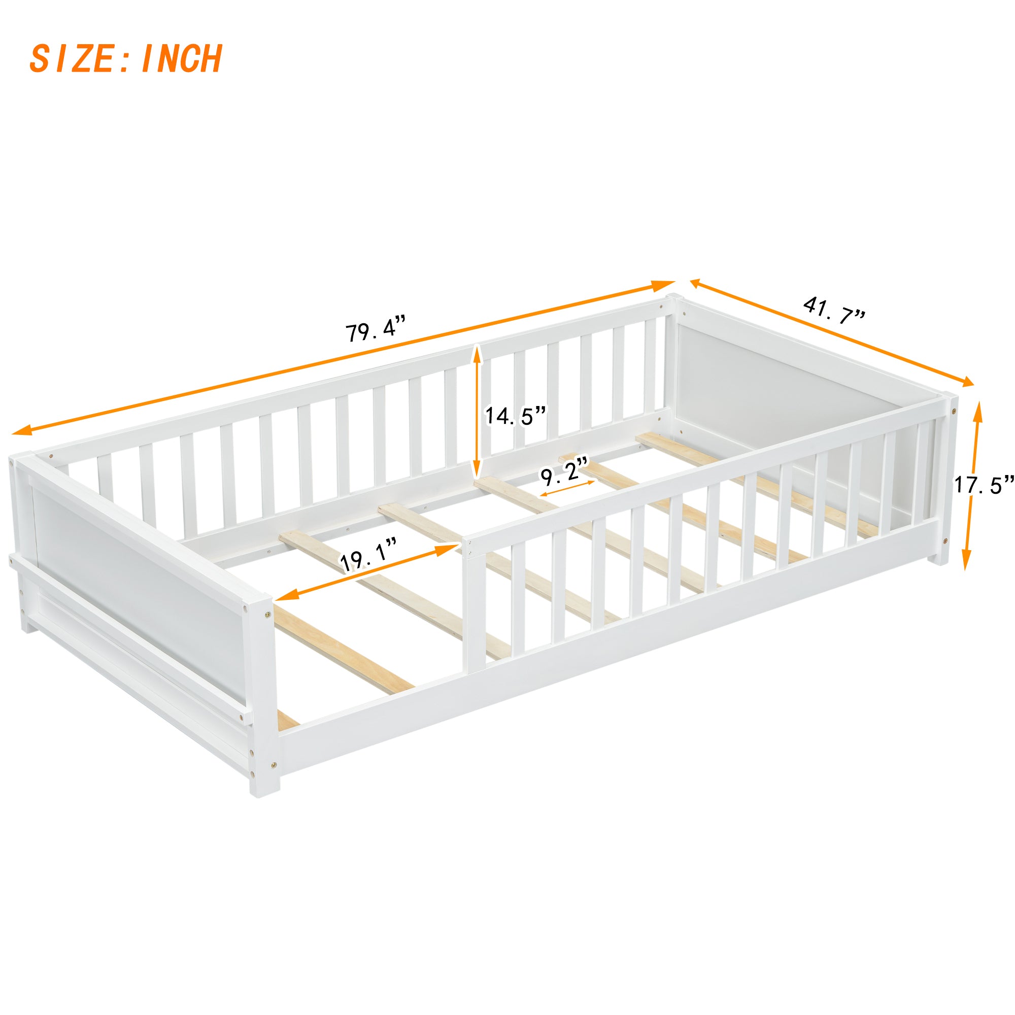 White Twin Toddler Floor Platform Bed with Built-in Book Storage Rack