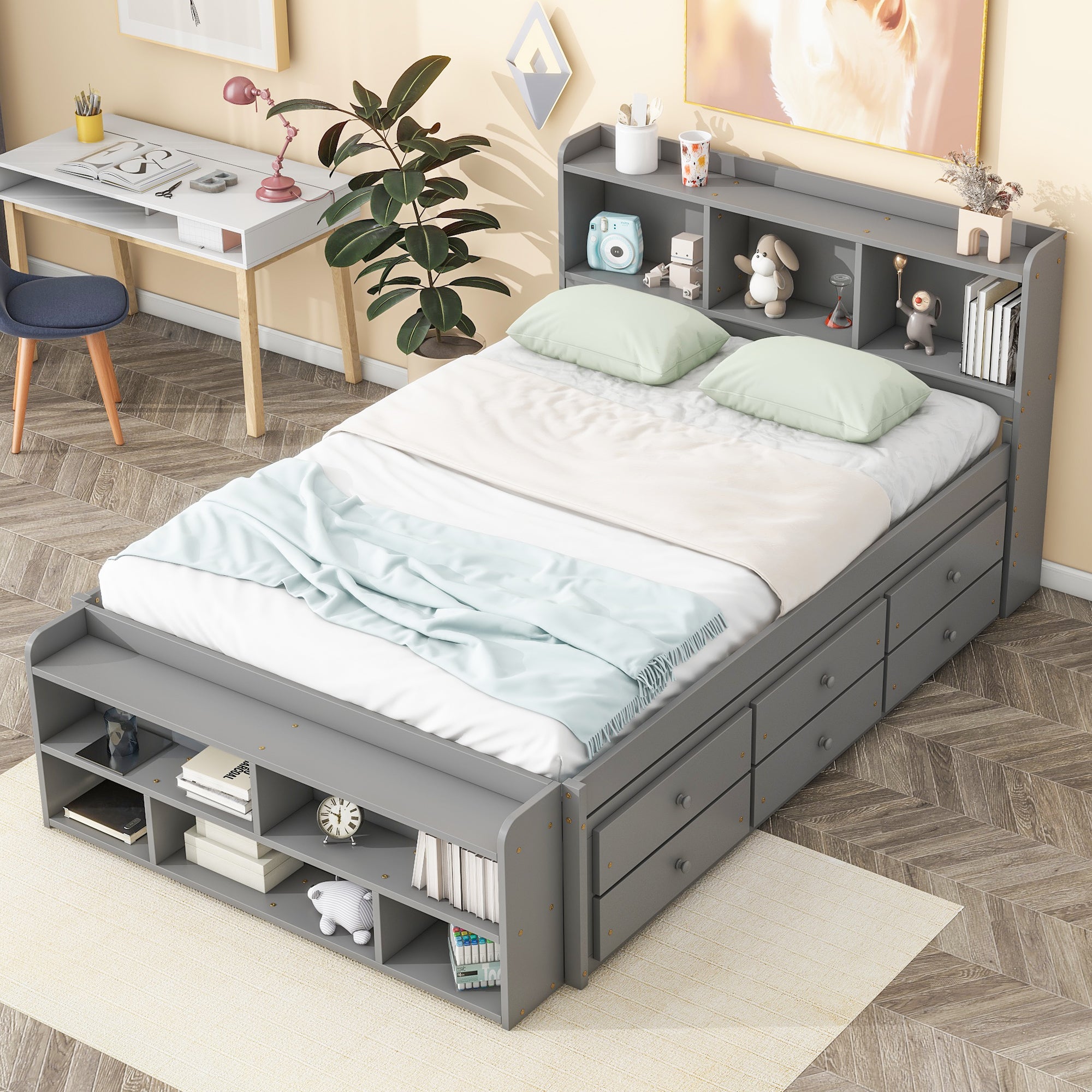 Gray Full Bed with Bookcase Headboard, Storage Drawers, and Bed-End Storage Case