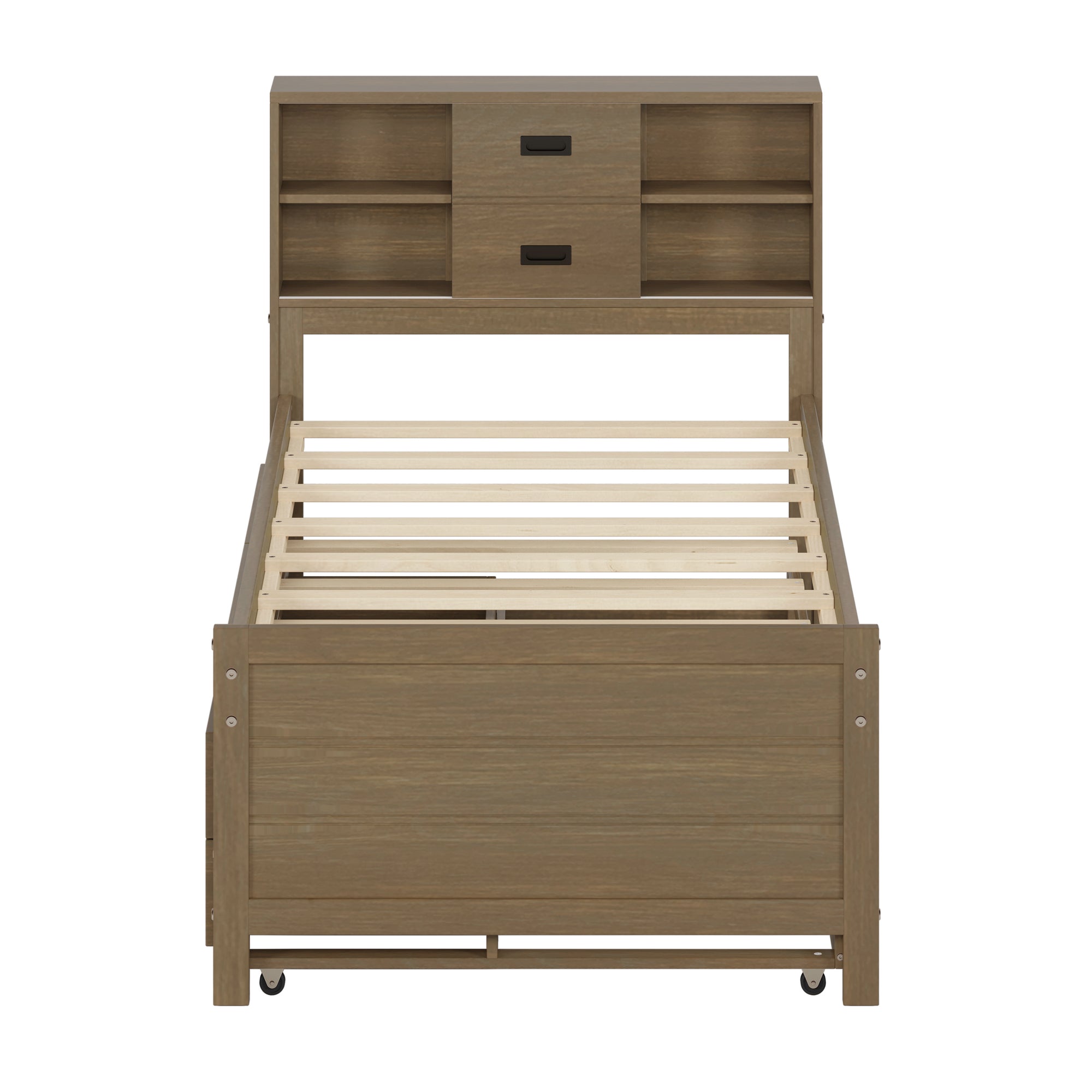 Full Size Walnut Solid Wood Bed Frame with Trundle and Storage Drawers