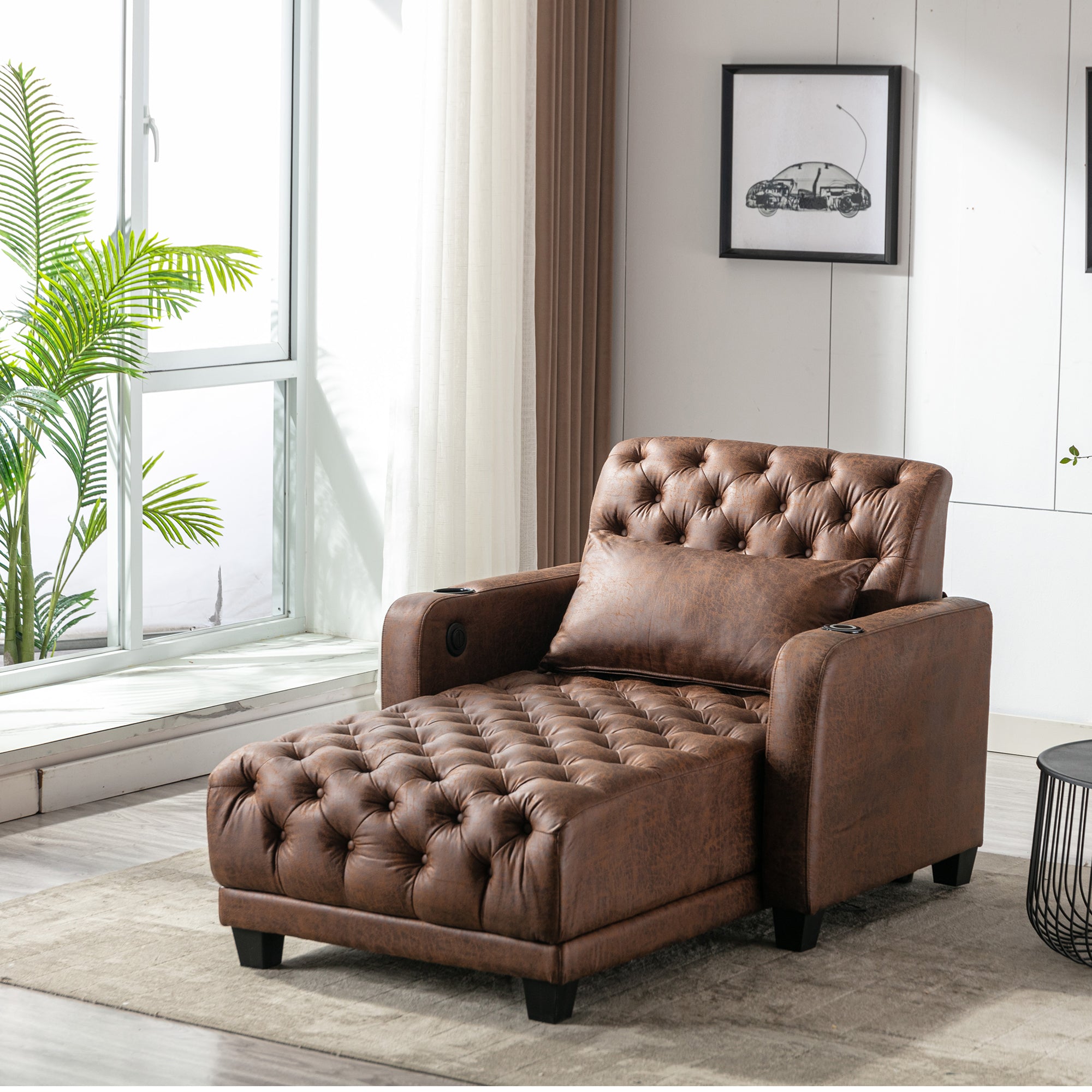 Reclining Tufted Chaise Lounge with Lumbar Pillow and Wireless Phone Charging in Brown