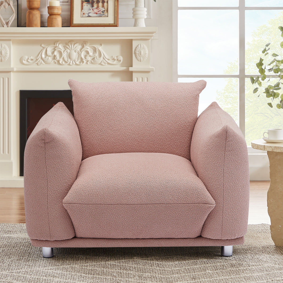 Pillow Top Arms Accent Chair Upholstered In Pink Lambswool