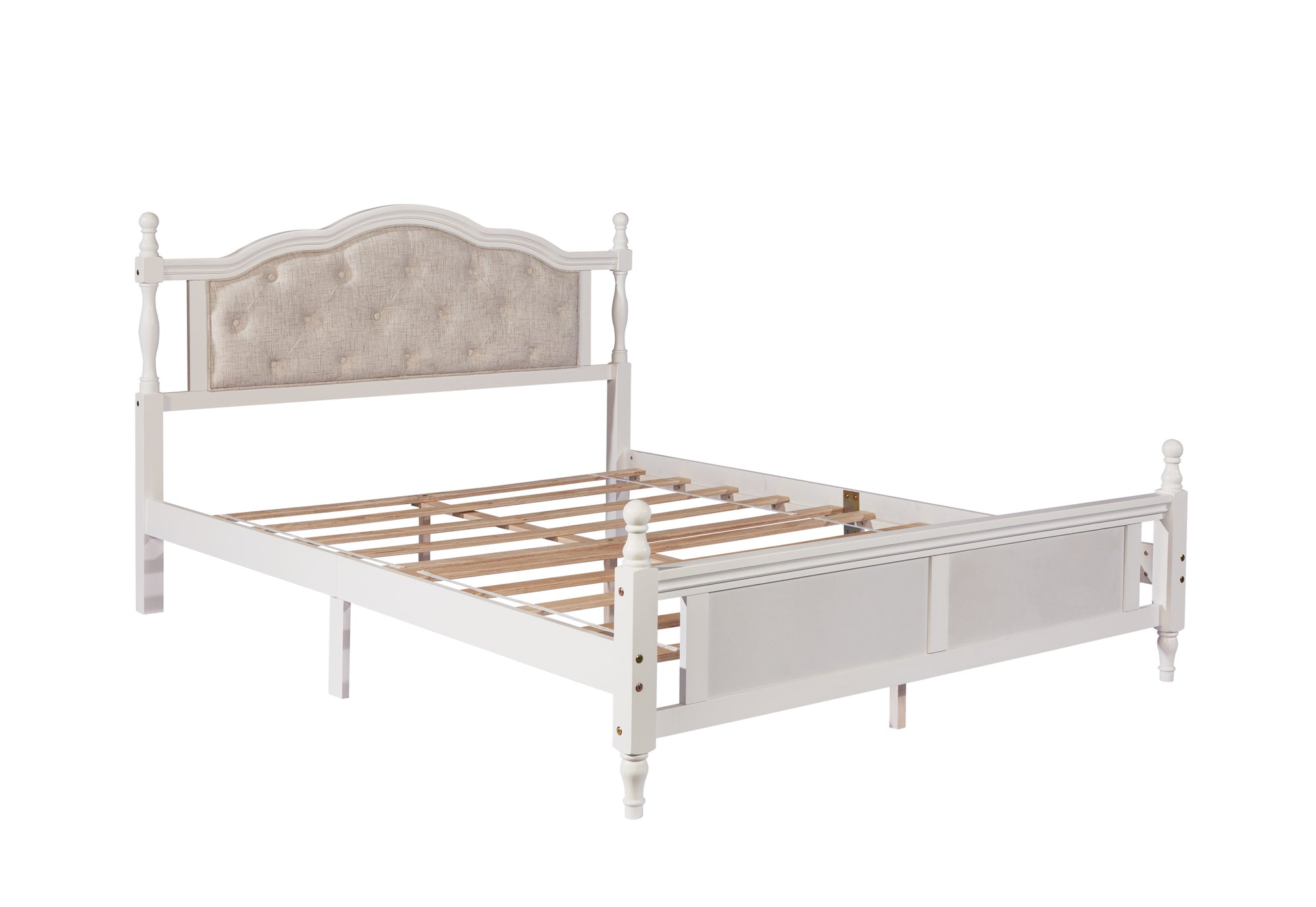 Queen Pine Wooden Bed with Upholstered Headboard and Panel Footboard In White