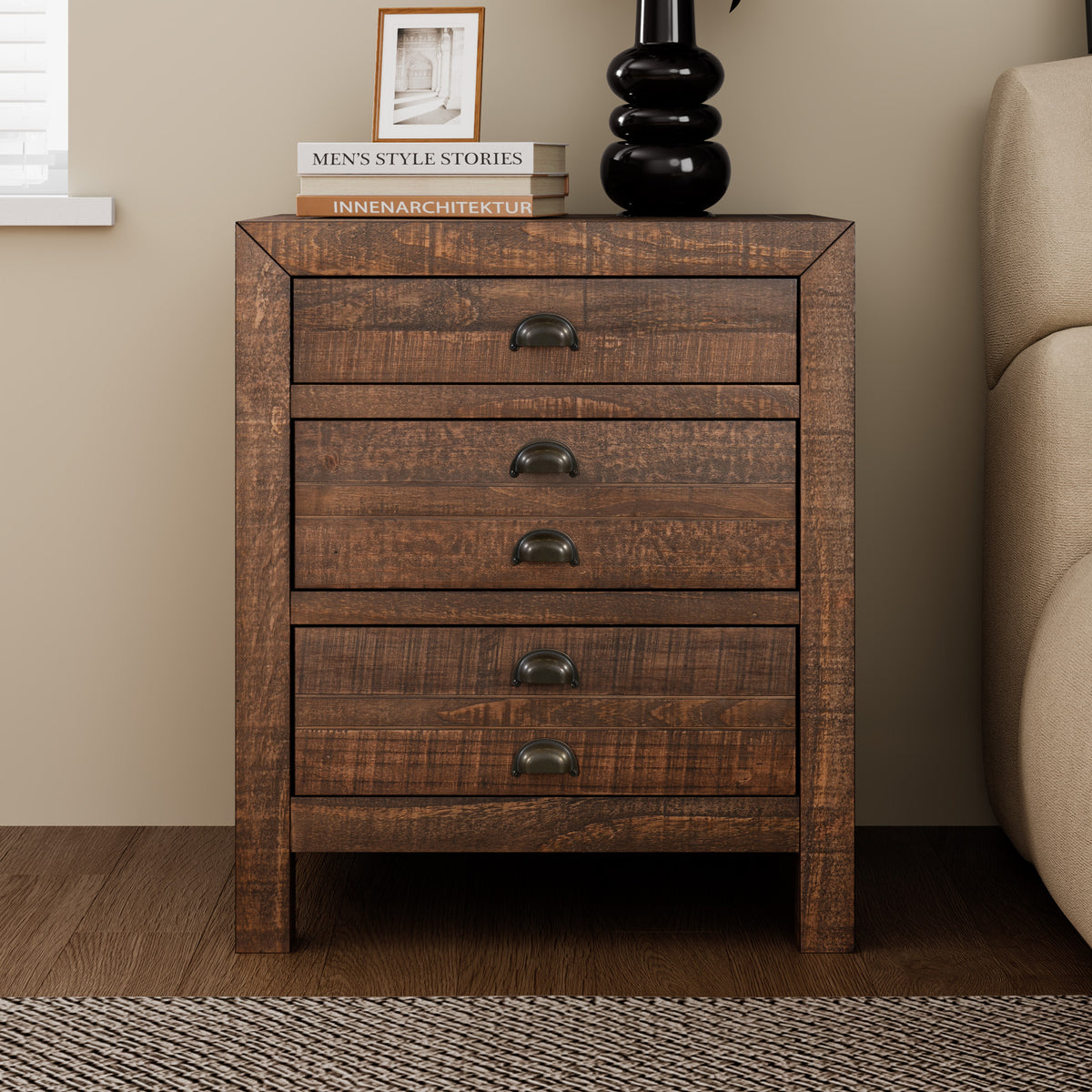 Rustic Farmhouse Style Three-Drawer Solid Pine Wood Nightstand with Integrated Charge Station In Brown