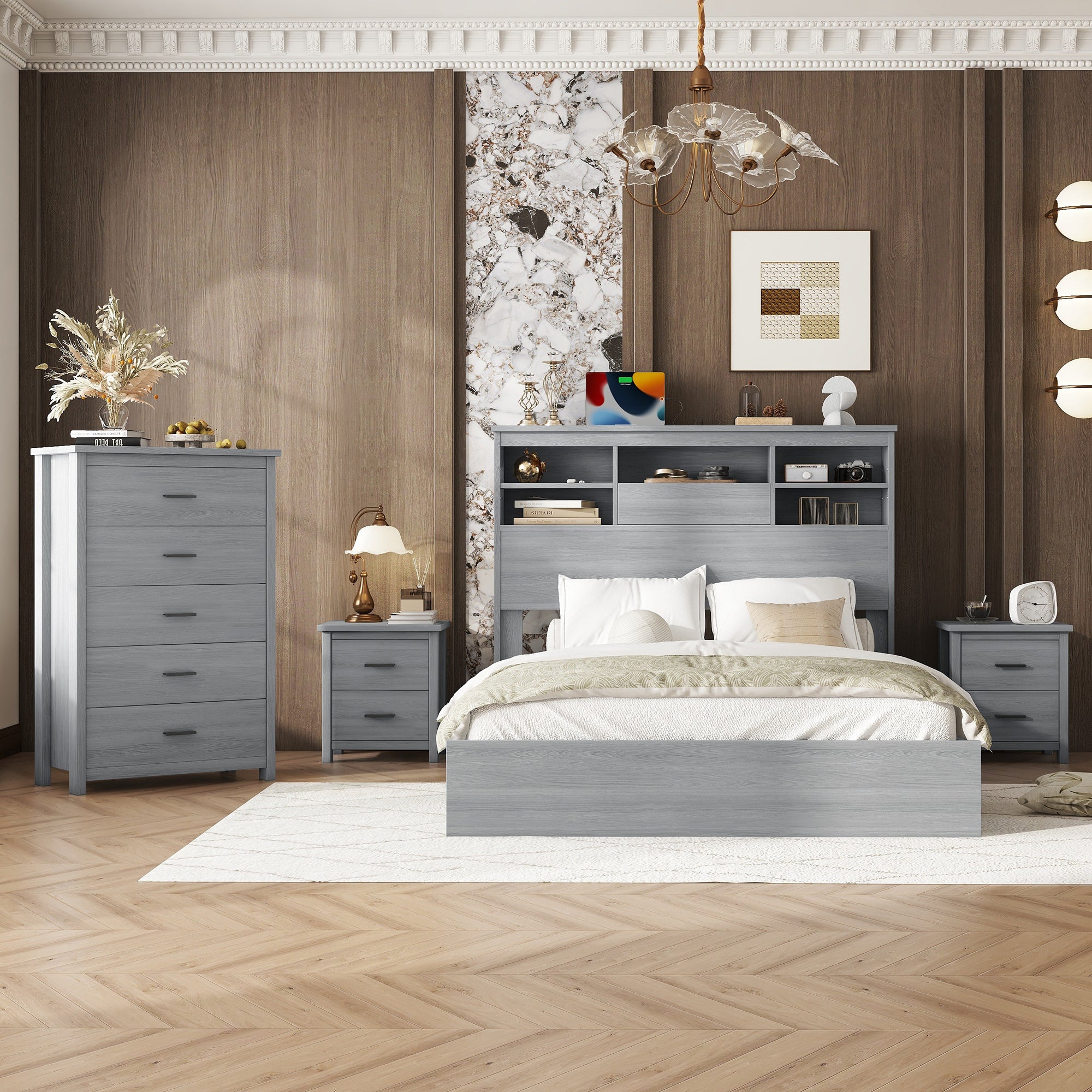 4-Pieces Bedroom Sets Queen Size Vintage Wooden Bed Frame With 2 Nightstands And 1 Dresser In Light Gray