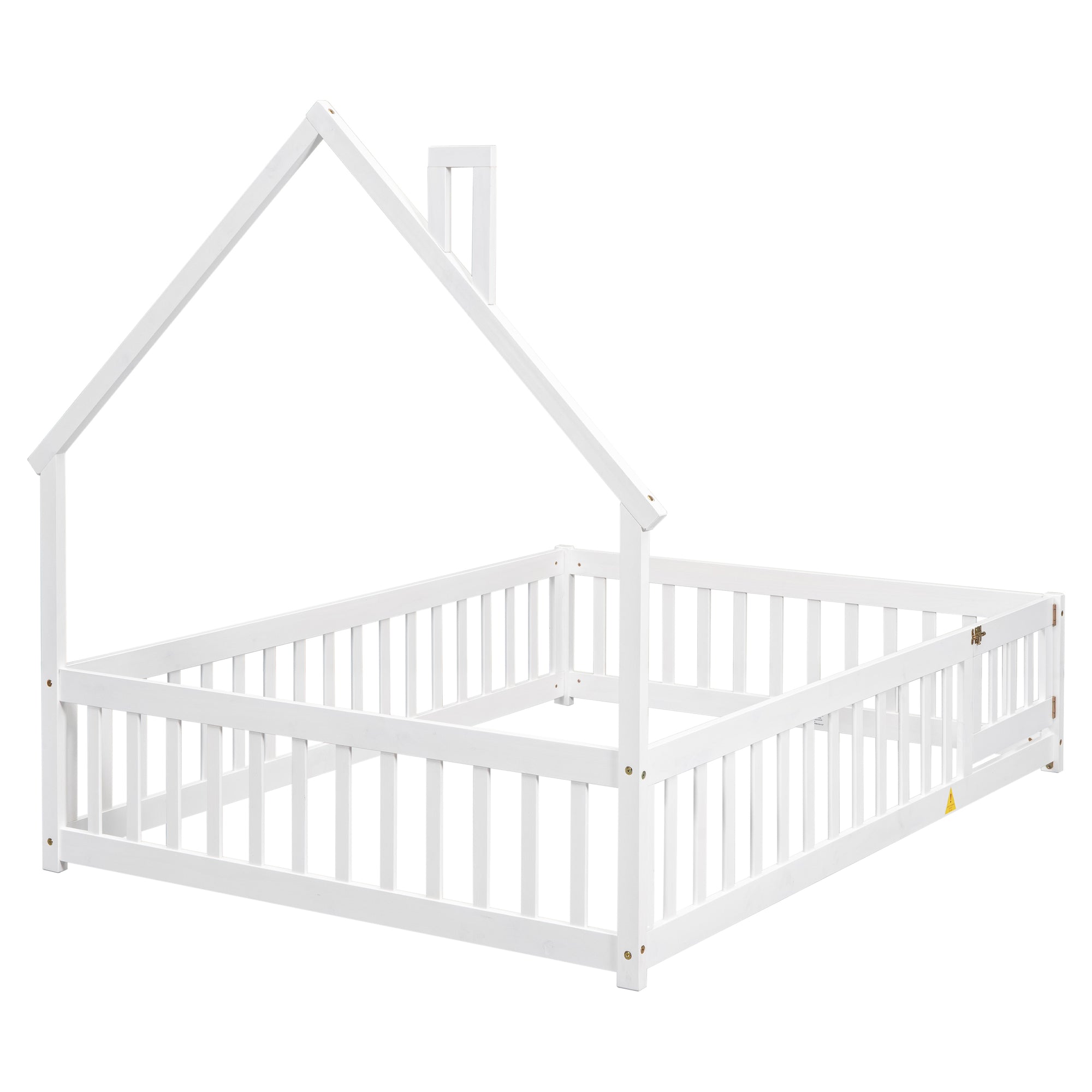 White Full House-Shaped Headboard Toddler Floor Bed with Fence