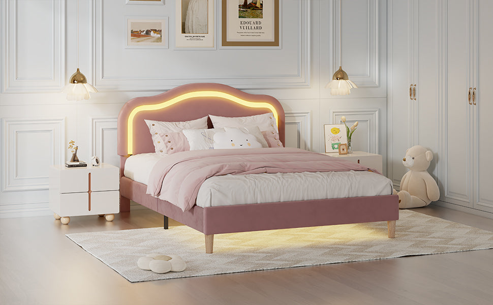 Pink Twin Velvet Upholstered Bed Frame with Adjustable LED Lights