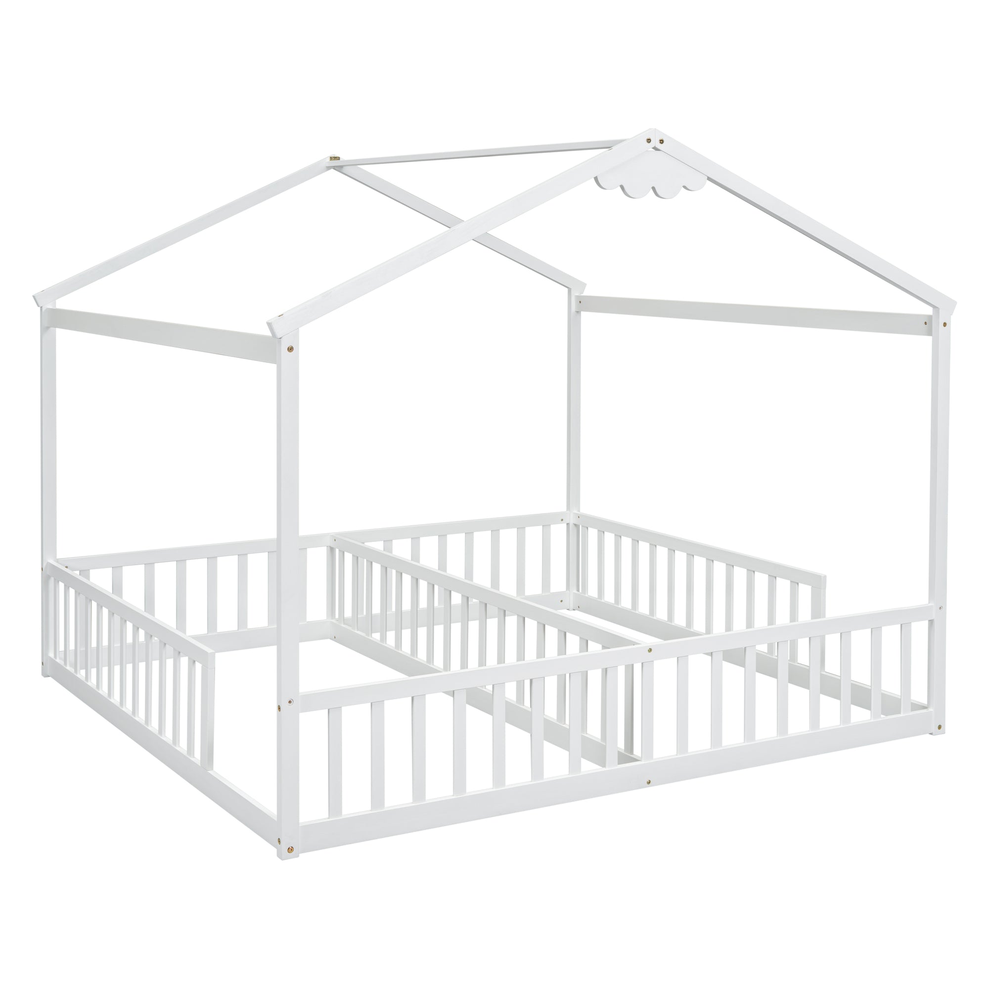 White Double Twin House-Style Toddler Floor Bed with Fence & Guardrails