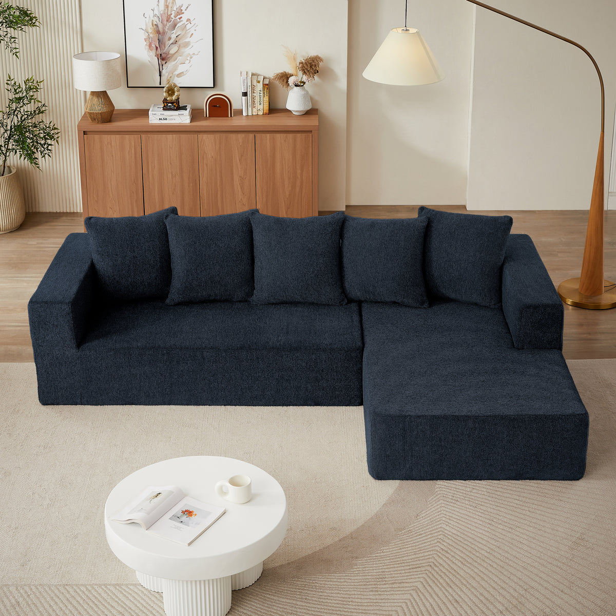 4-Seater Modular Chenille Sofa in Blue With Cloud Inspired Design