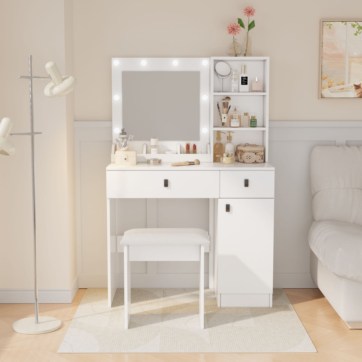 Vanity Desk with Lights and Adjustable Mirror for Makeup Storage with Large Drawers and Shelves In White