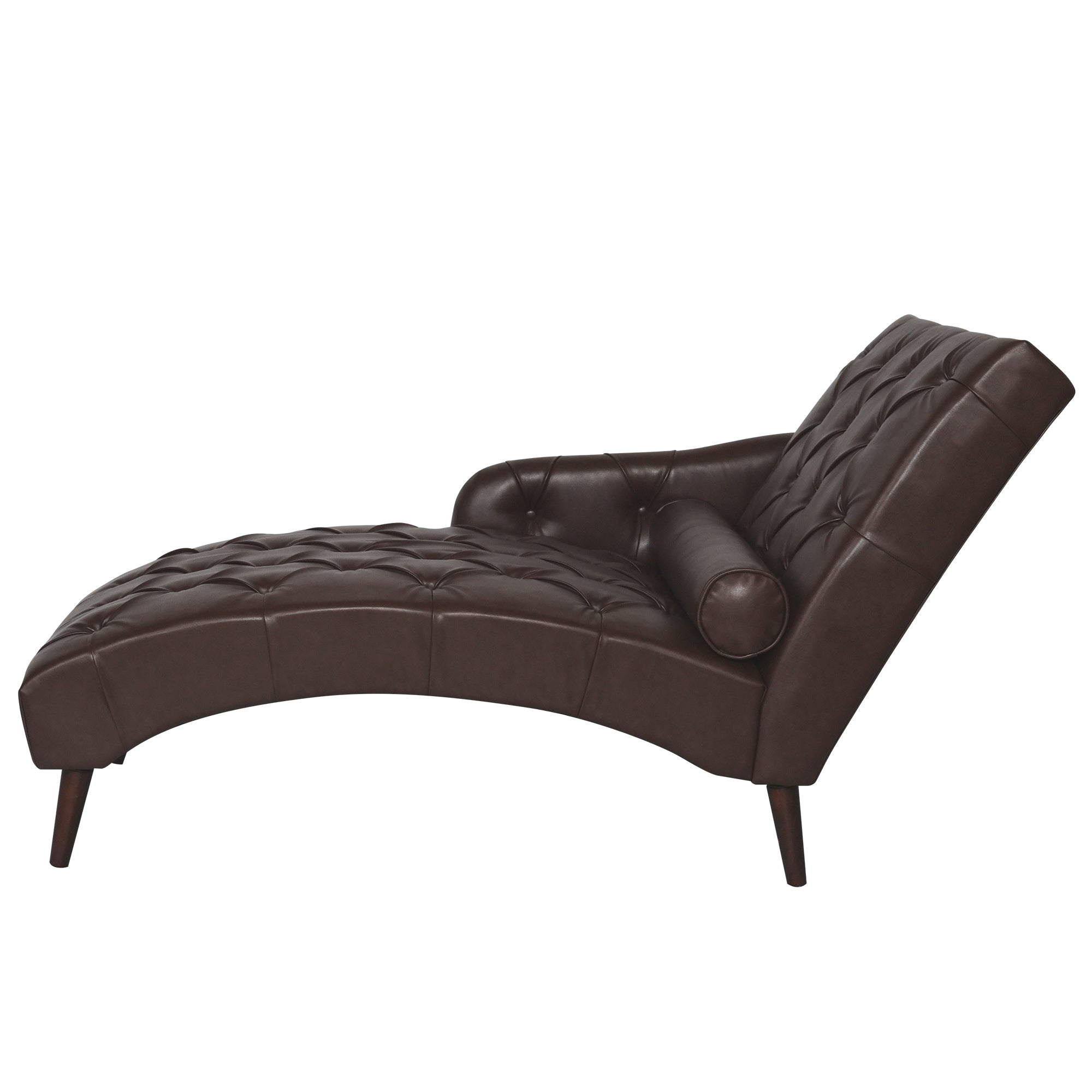 Dark Brown Faux Leather Chaise Lounge Arm Chair with Tufted Backrest and Pillow