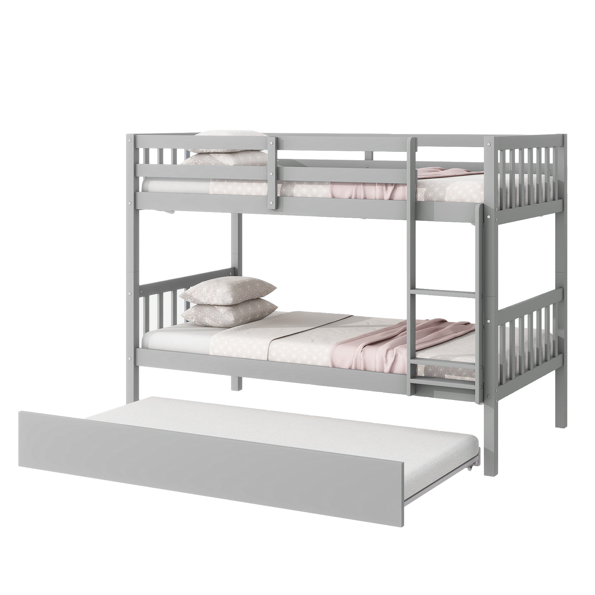 Gray Twin Over Twin Rubber Wood Bunk Bed with Trundle – Convertible Design