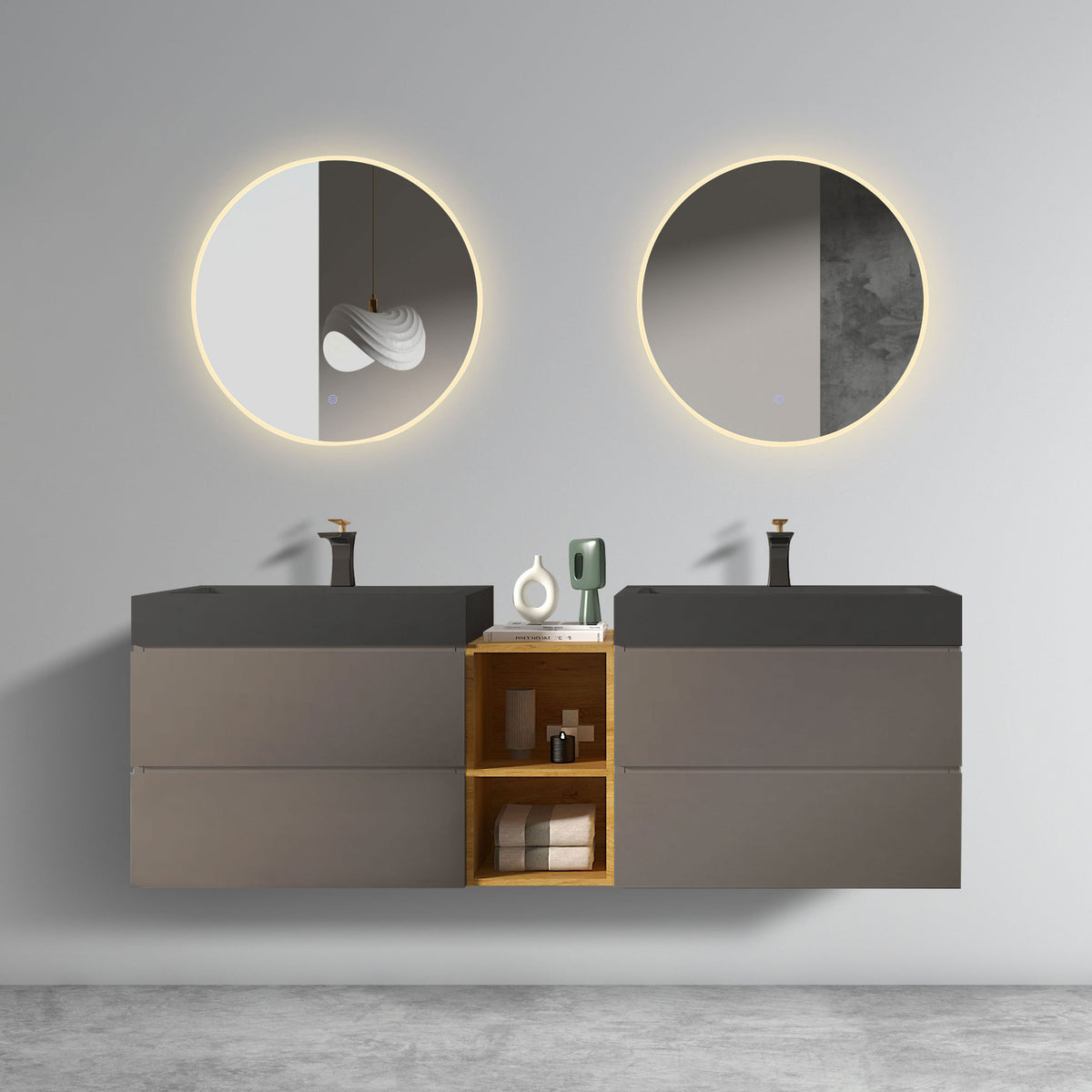 Modern Space Gray Bathroom Vanity with Double Sinks and Open Shelf In Space Gray