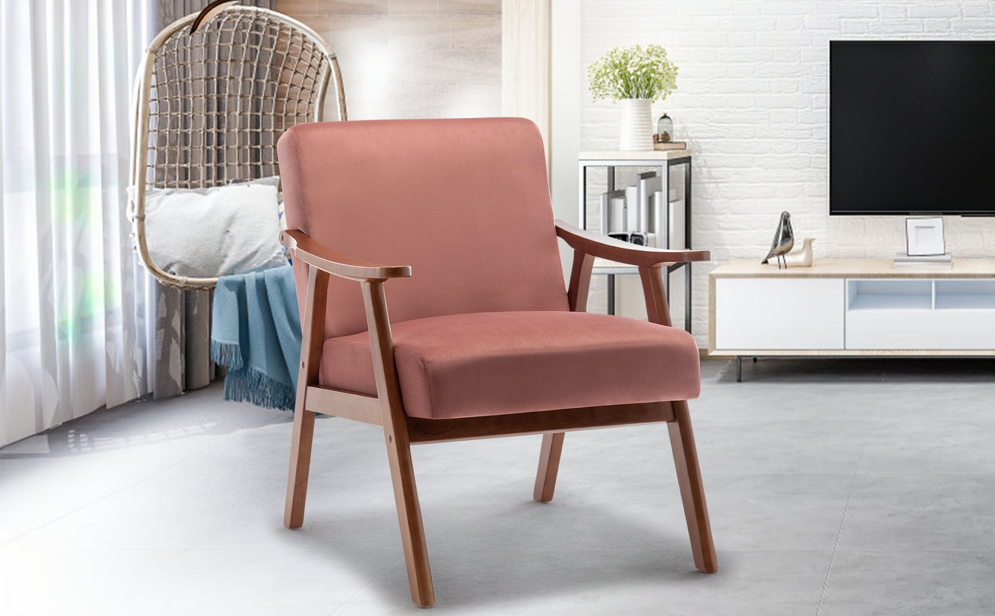 Mid-Century Modern Accent Chair - Solid Wood Frame, Extra-Thick Backrest, Ideal for Living Room, Bedroom, or Reading Room