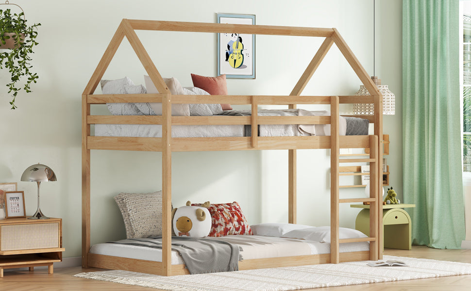 White Oak Twin Over Twin Rubber Wood House-Shaped Bunk Bed with Ladder & Guardrails