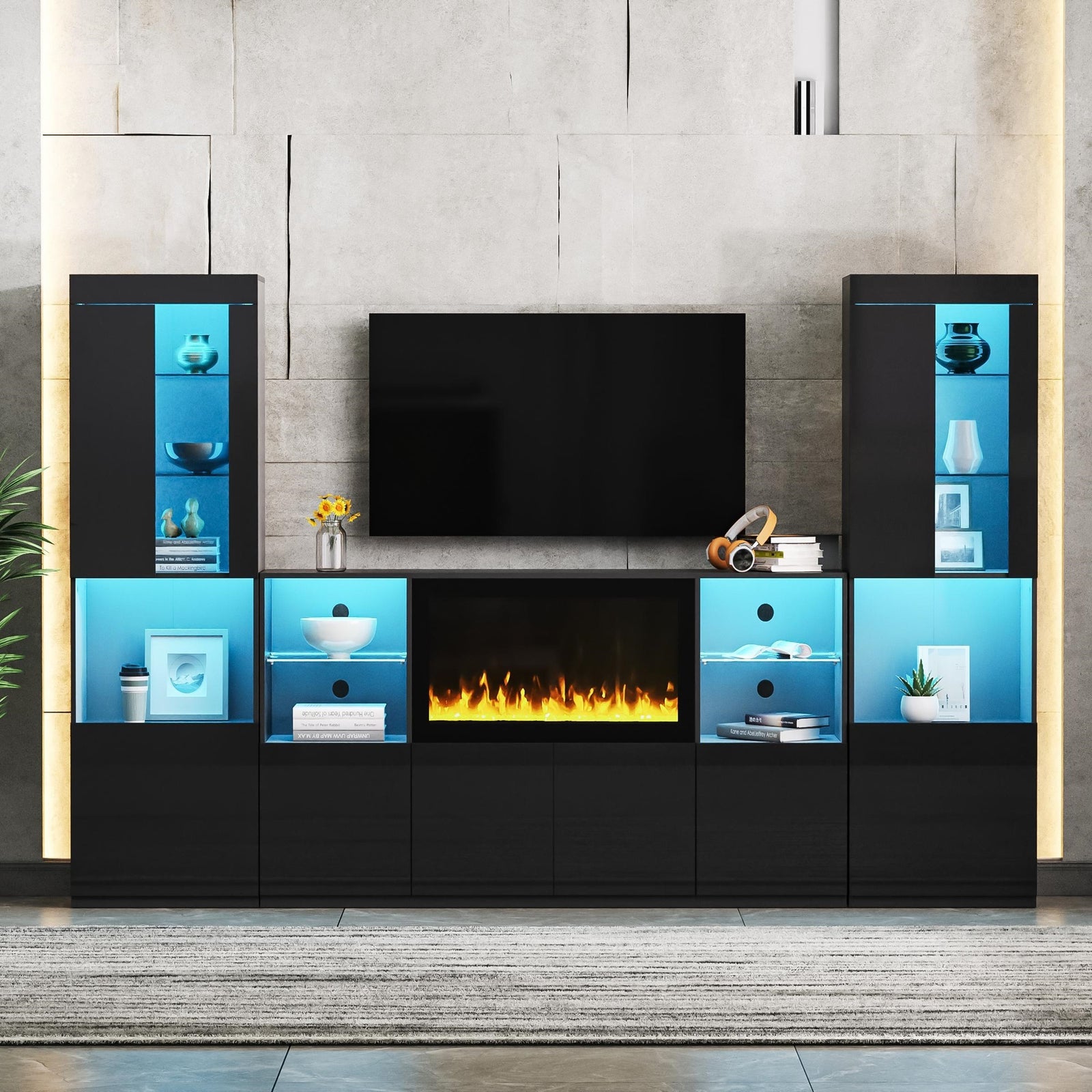 Black Mid Century Modern TV Stand with 35" Display Fireplace with LED Lighting for TVs up to 75"