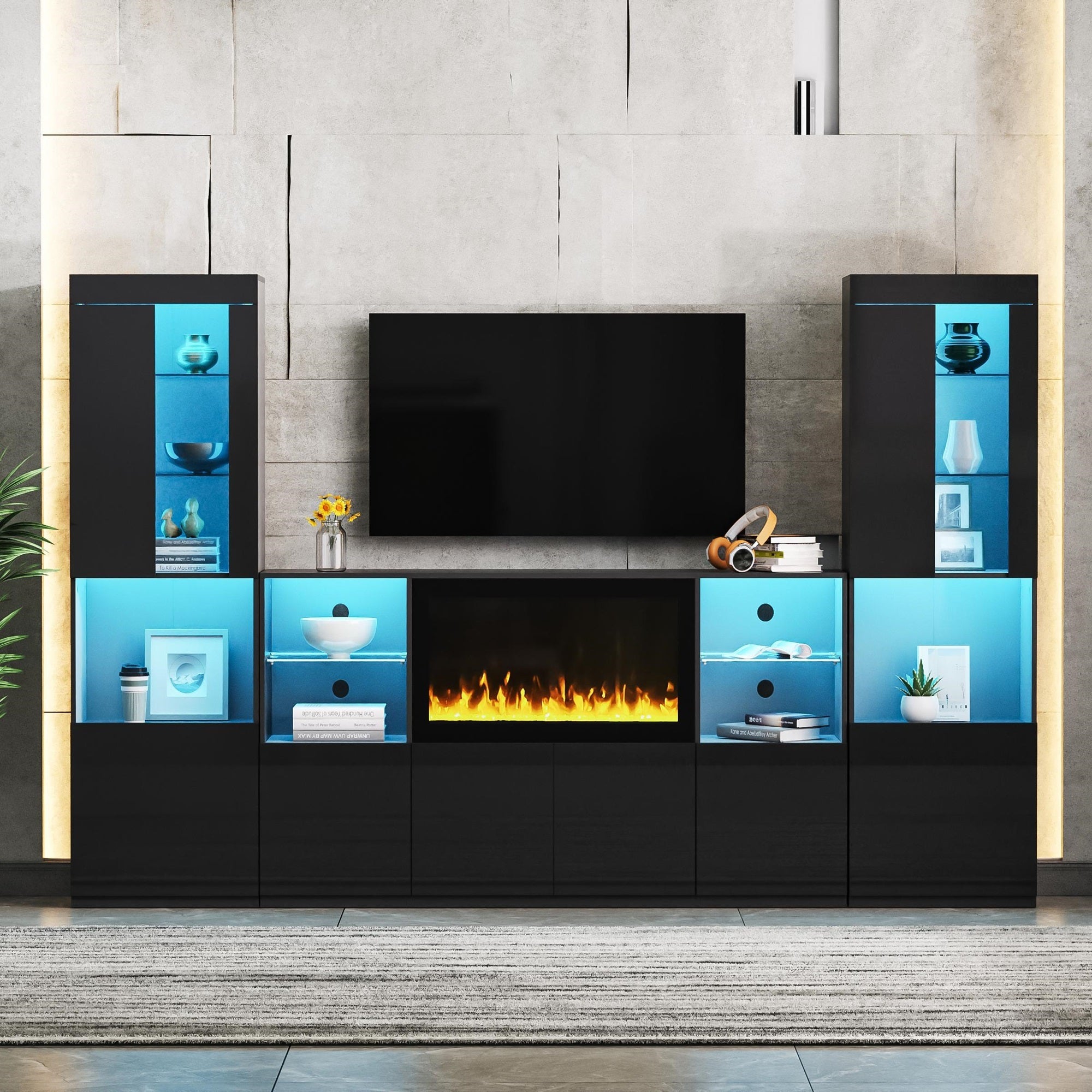 Modern TV Stand with 34.2 Non-heating Electric Fireplace and LED Lights for TVs up to 75 Inches In Black